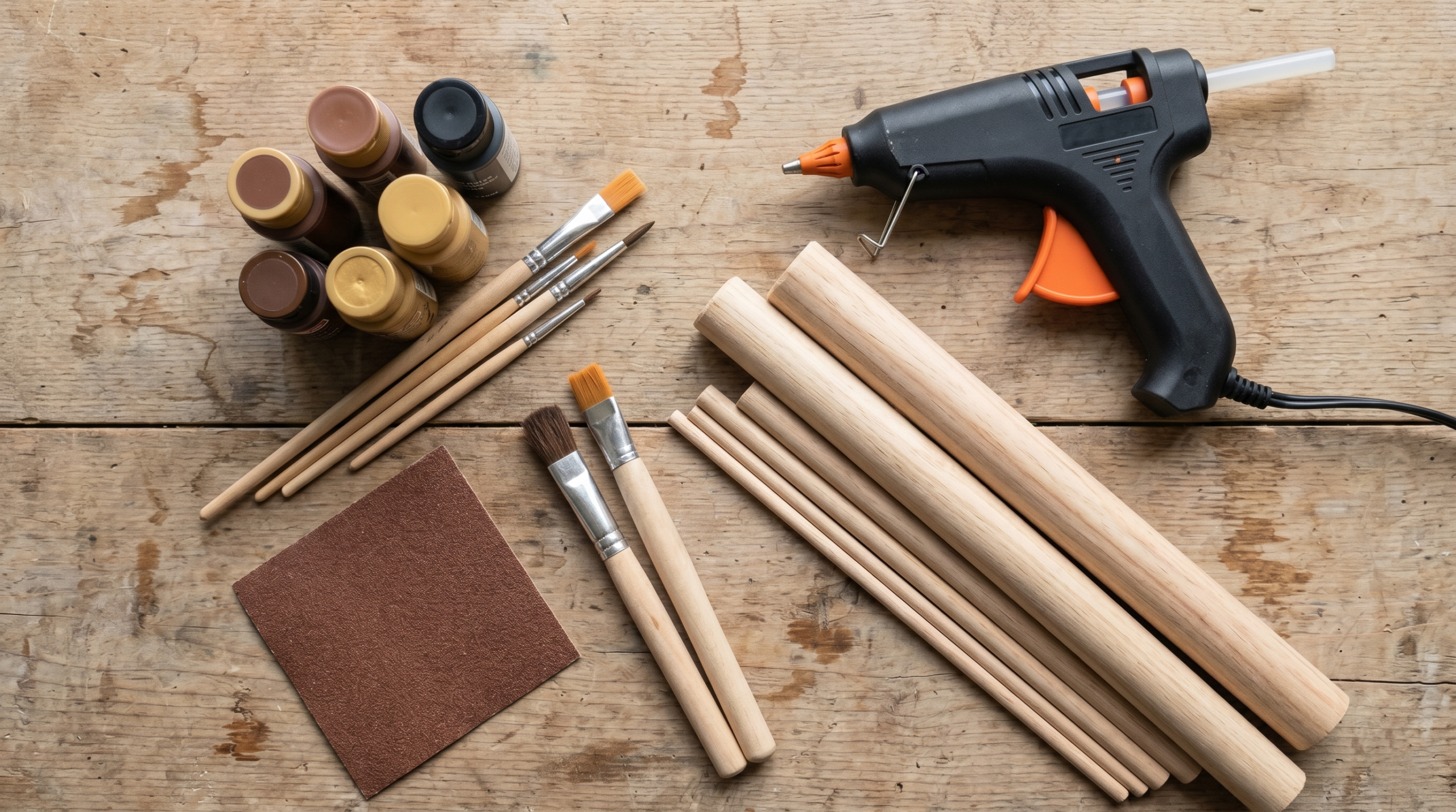 DIY Harry Potter wand making materials including a hot glue gun, wooden dowels, and acrylic craft paints on a workbench.