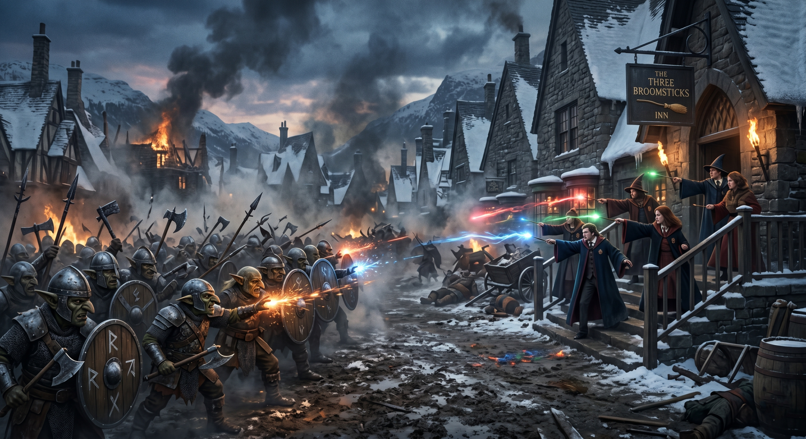 A large-scale cinematic visualization of the 1612 Hogsmeade Goblin Rebellion, showing dueling wizards and armored goblins in the village street.