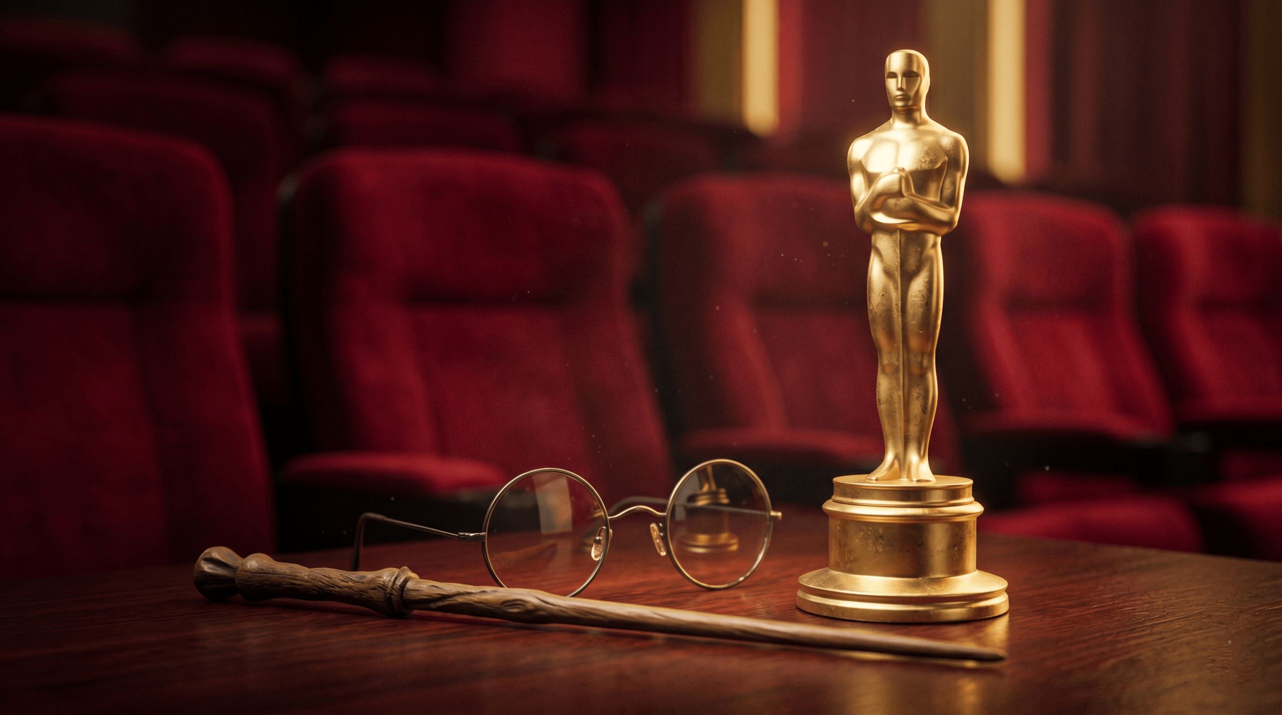 A pair of Harry Potter glasses and a wand lying next to a golden Oscar award statue.