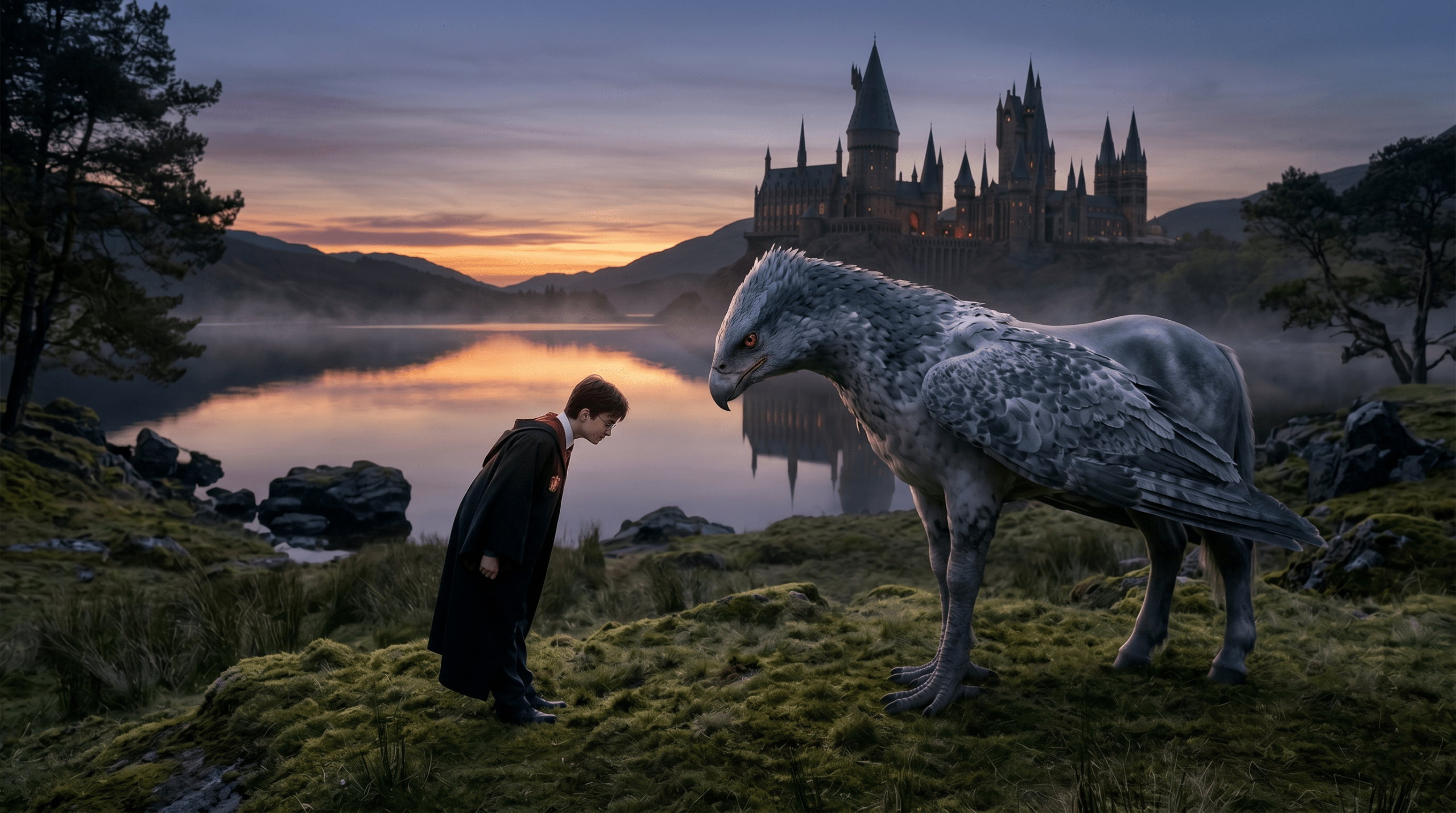 A cinematic image of Harry Potter bowing to Buckbeak the Hippogriff on the Hogwarts grounds at twilight.