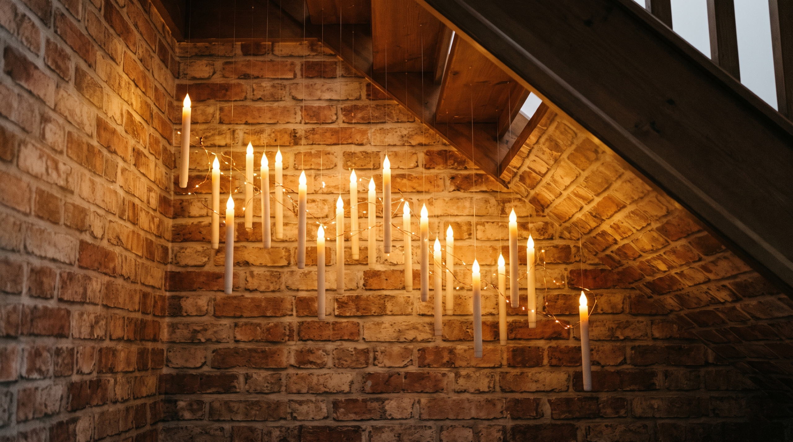 Atmospheric lighting detail inside a Harry Potter bedroom with floating LED candles suspended from an angled under-stair ceiling.