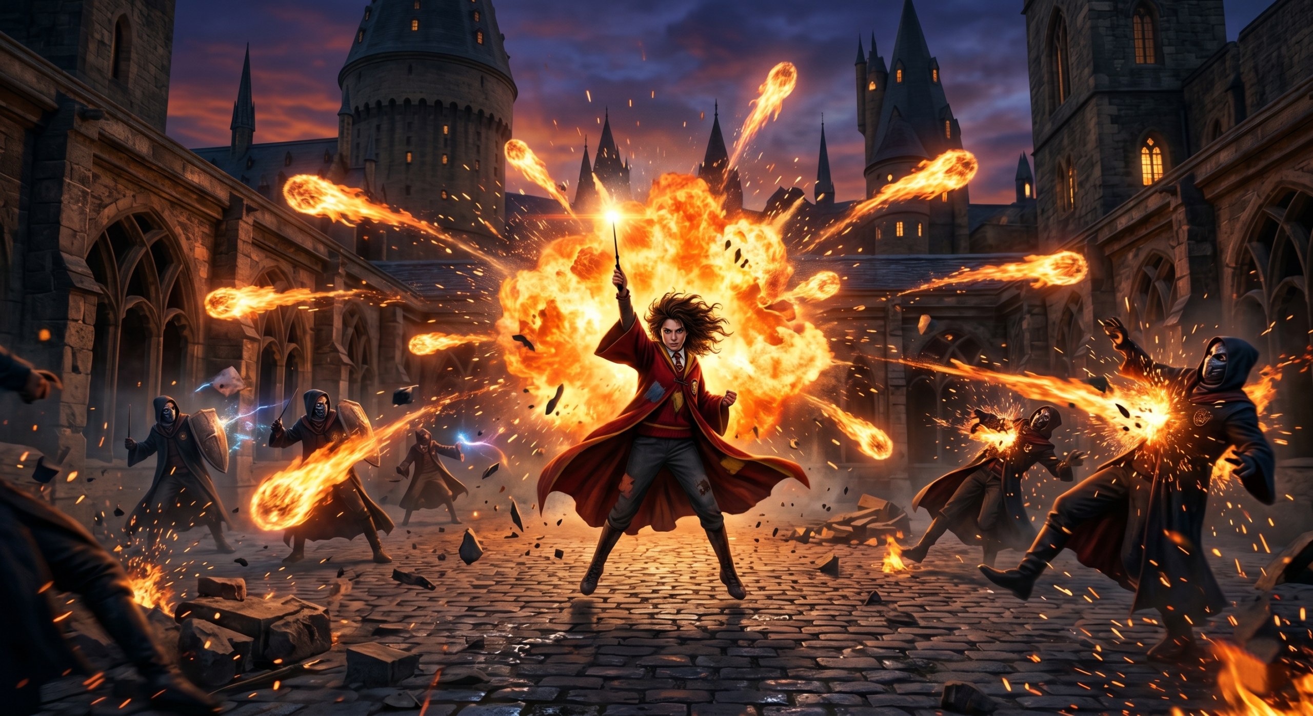 Dynamic combat screenshot visualization showing upgraded Confringo splitting into multiple fiery bolts against enemies in Hogwarts Legacy.