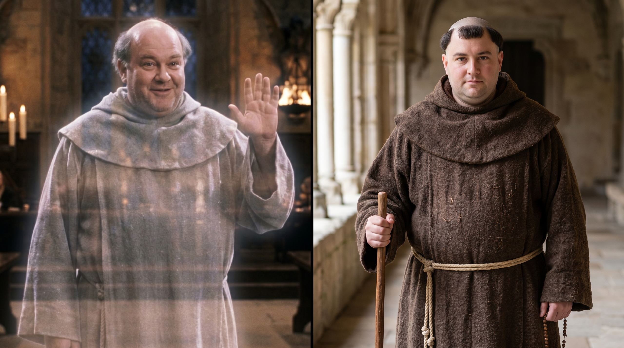 A comparison image showing the Fat Friar's ghost appearance next to the historical design of a medieval mendicant friar’s habit.
