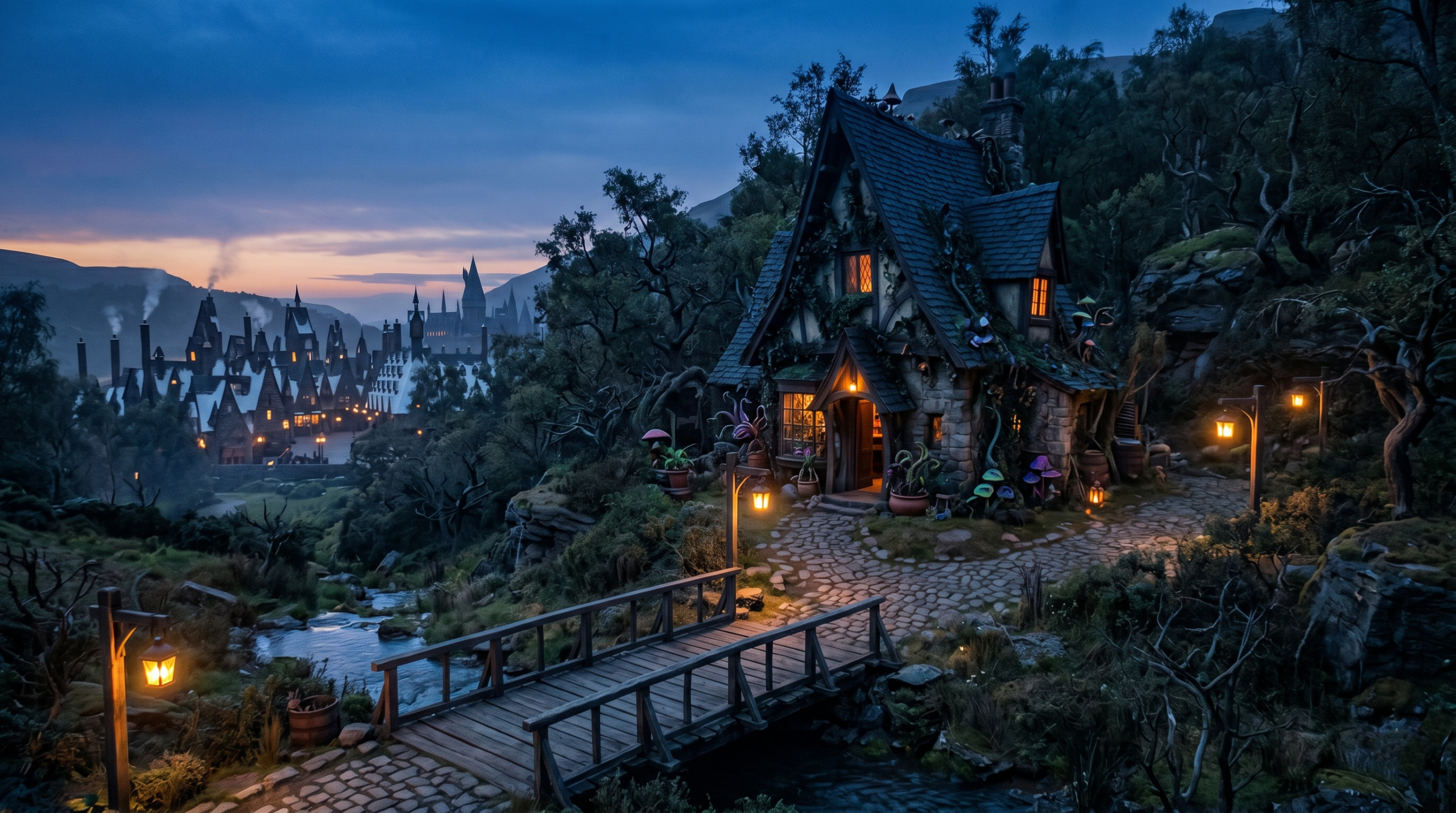 The exterior view of the Dogweed and Deathcap magical plant shop in Hogsmeade at twilight, showing the overgrown cottage across a bridge.