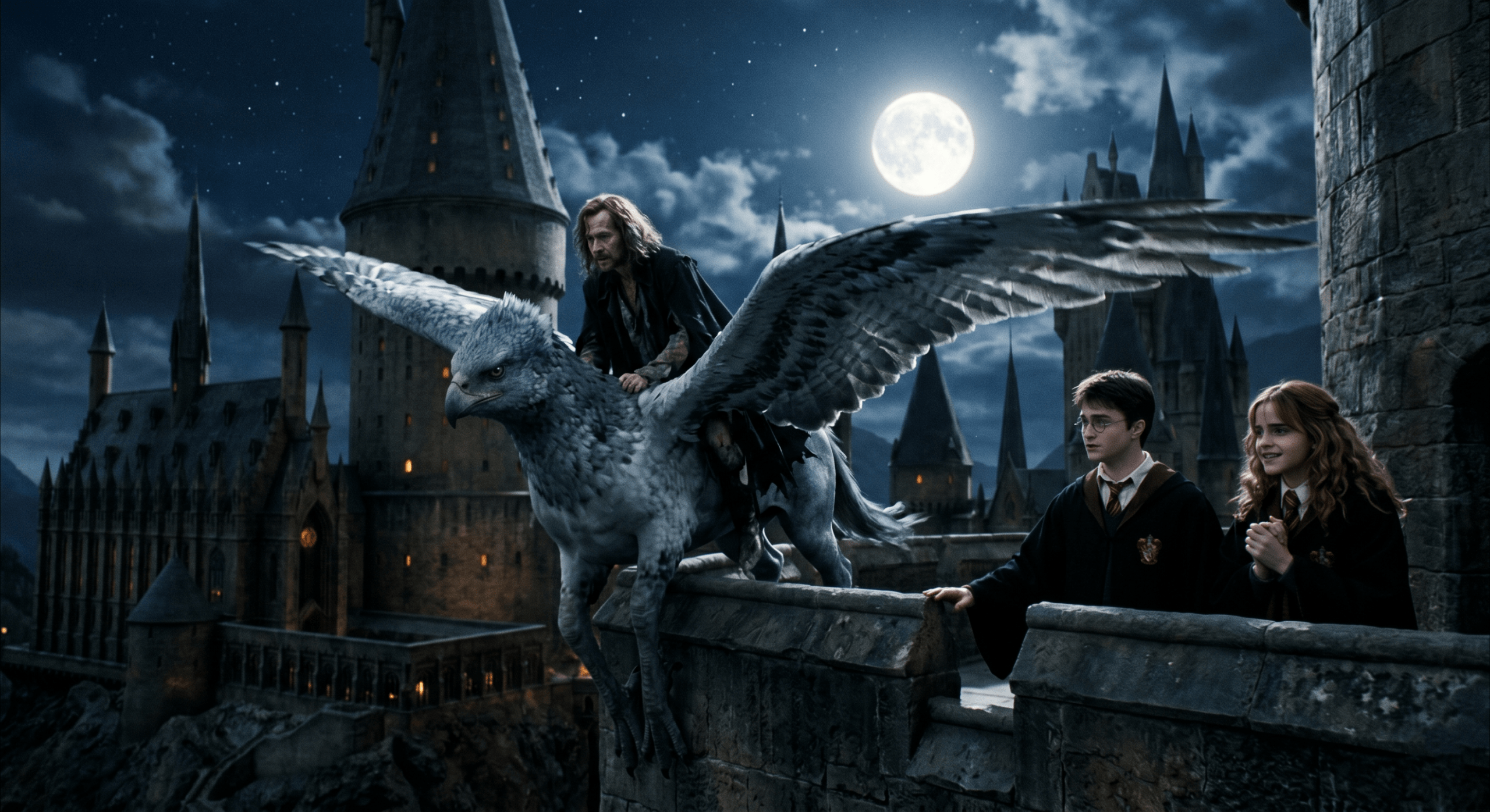 A dramatic night image of Sirius Black escaping from Hogwarts castle on Buckbeak during the Time-Turner rescue.