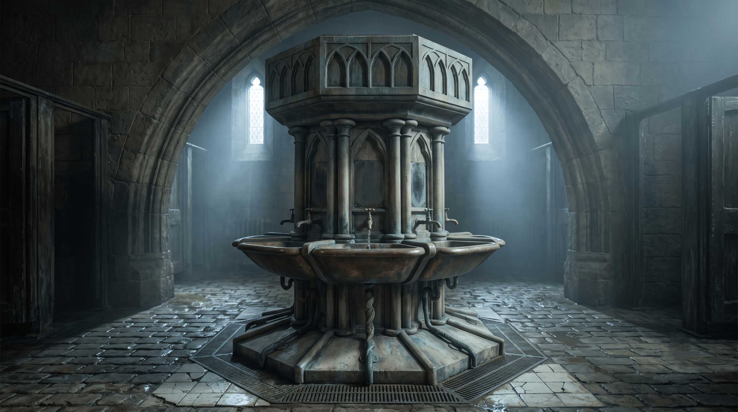 The secret entrance sink to the Chamber of Secrets with a snake etching on the tap in Moaning Myrtle's bathroom.