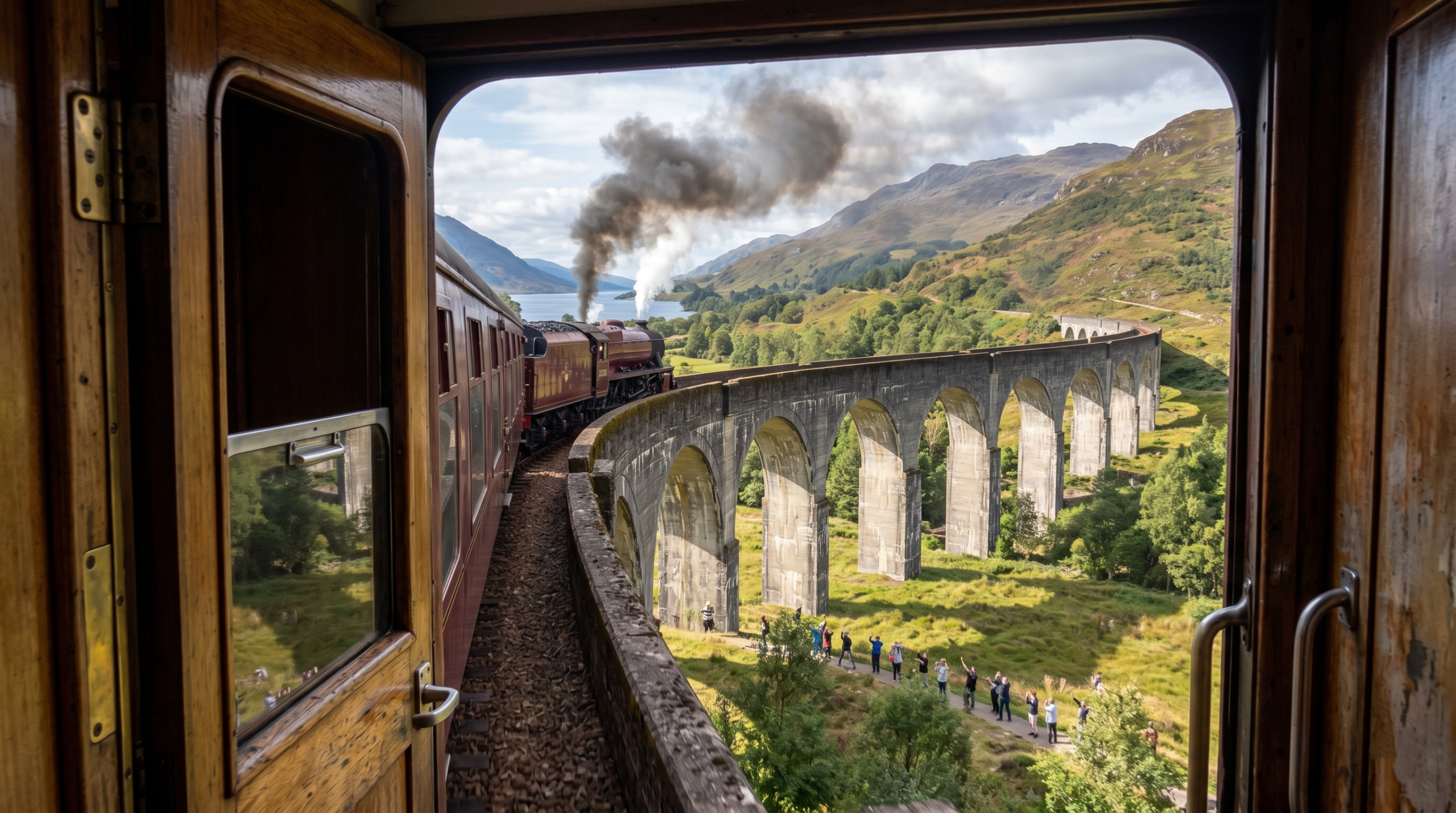 An outbound view from a lowered train door window showing the Jacobite steam train curving across Glenfinnan Viaduct.