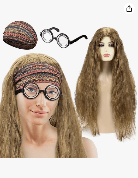 Tigeen 3 Pcs Halloween Costume Professor Nerd Dress up Costume Set Wig Halloween Movie Cosplay Punk Wig Thick Lens Nerd Glasses Blonde Long Curly Fluffy Hair Boho Wide Headbands for Women Cosplay