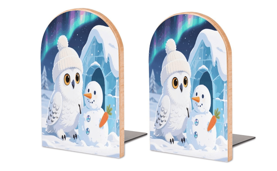 Bookends Snowy Owl Building Snowman Decorative Heavy Duty Book Ends for Shelves Non-Skid Bookend Supports Wooden Book Holders with Metal Base Desk...