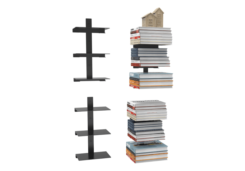 XINWXSS Floating Invisible Bookshelves for Wall, 6 Tier Heavy Duty Metal, 2 Pack Black Vertical Spine Book Tower, Wall Mounted Storage for Home Office &...