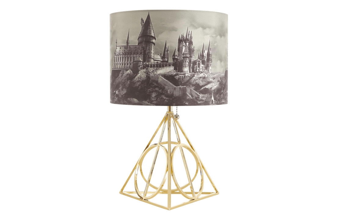 Harry Potter Figural Table Lamp – 16" Tall Gold Wire Base with Printed Hogwarts Shade, Decorative Kids Desk or Nightstand Lamp for Bedroom, Playroom, or...