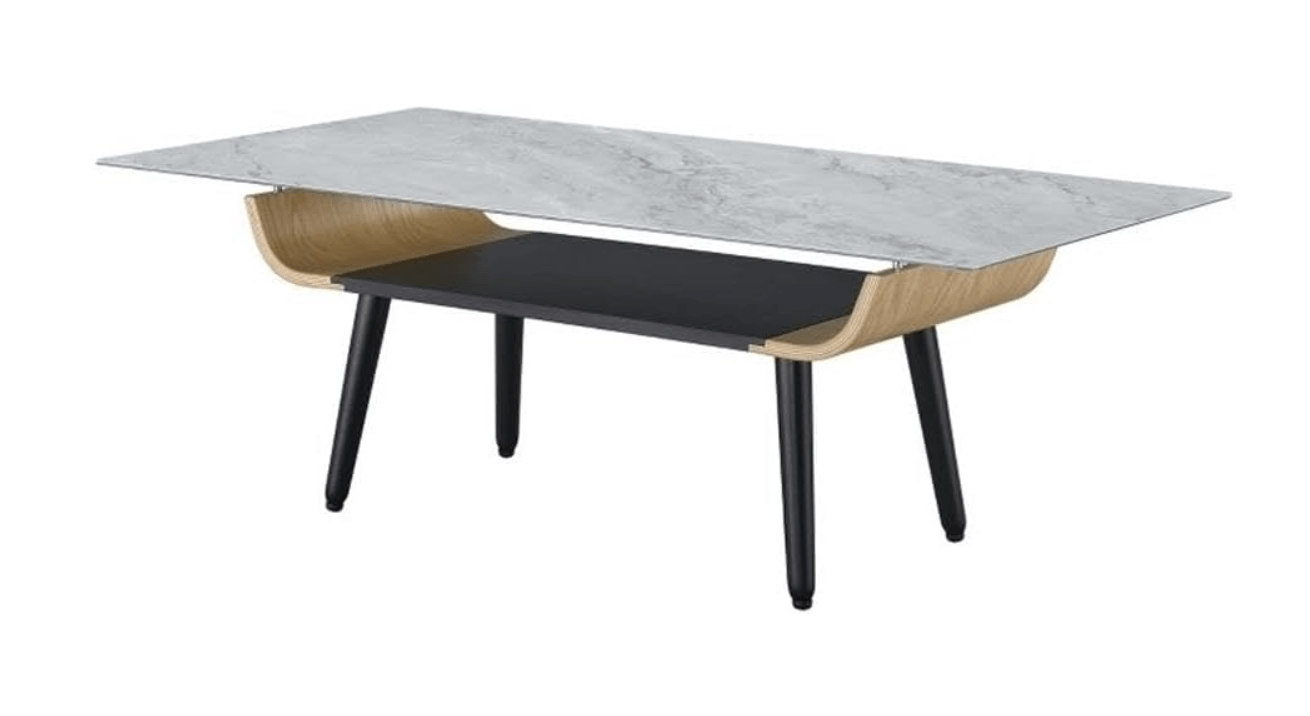 Pemberly Row Coffee Table, Glass Gray Marble Texture Top, Bent Wood Design, Dichromatic Storage Shelf, Solid Wood Construction, Flared Black Legs, Elegant...