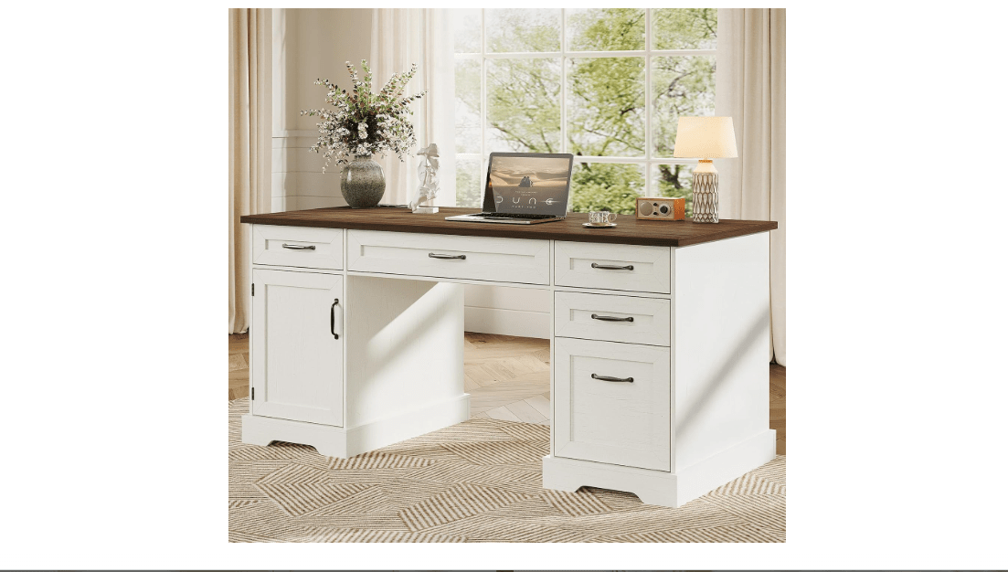 OffiGo 59 Inch Farmhouse Desk with Drawers, Executive Computer Desk with Charging Station, Wood File Cabinet Storage for Home Office, Walnut+White