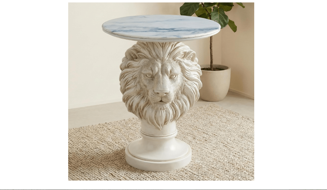 Lion Head Accent Side Table - End Table with Faux Marble Top Unique Lion Statue Decor for Living Room Bedroom Entryway Elegant Animal Sculpture Modern...