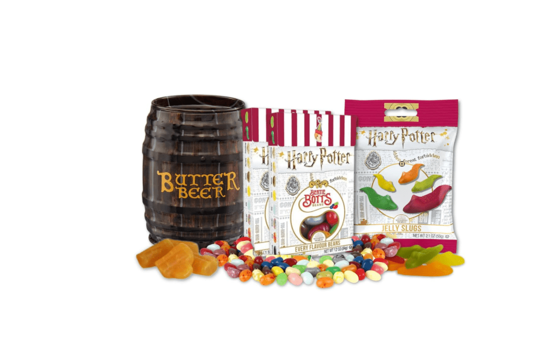 Jelly Belly Harry Potter's Favorites, Gift Pack of 4 (Butterbeer Barrel Tin, Bertie Bott's Every Flavor Jelly Beans, & Jelly Slugs Chewy Candy) 