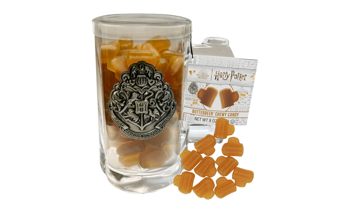 Jelly Belly Harry Potter Glass Mug with Butter Beer Chewy Candies, Butterscotch Flavored Classic Movie Inspired Candy, 8 Ounce Glass 