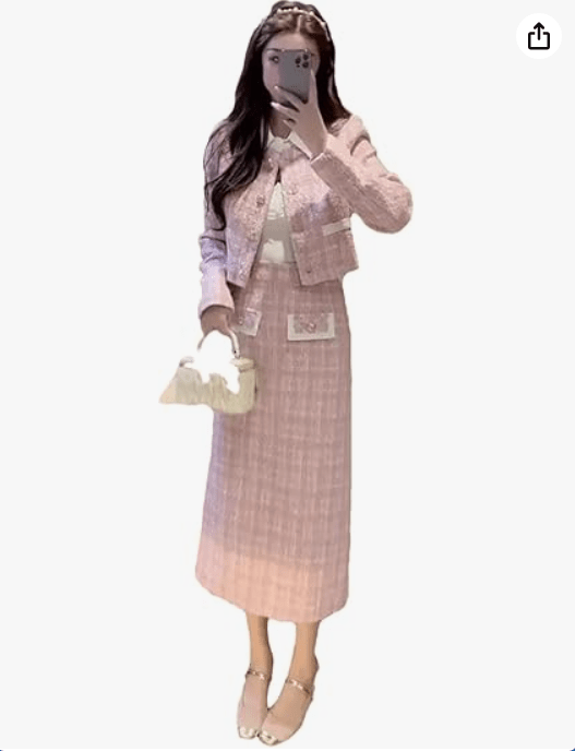 Women Elegant Pink Two-Piece Suit Skirt High-End Office Tweed Set
