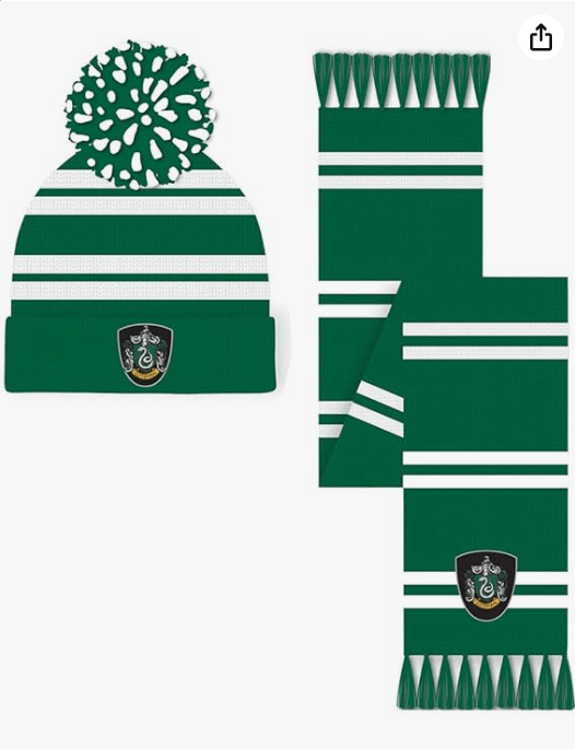 Harry Potter Slytherin Crest Pom Pom Beanie And Scarf Set, Unisex, Green/white Sg-hptr-002
