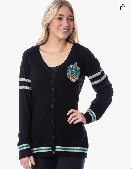 Harry Potter Womens' Slytherin House Crest Open Front Cardigan Juniors Knit Sweater 