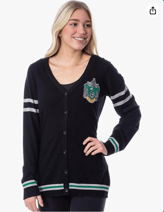 Harry Potter Womens' Slytherin House Crest Open Front Cardigan Juniors Knit Sweater 