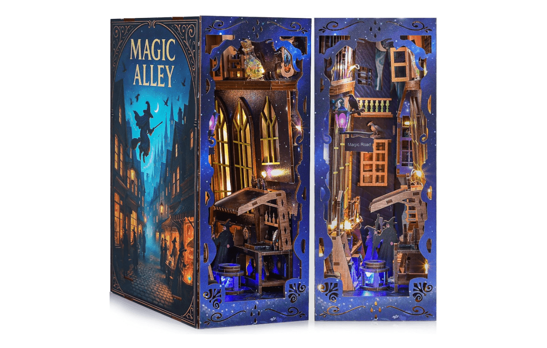Magic Alley Book Nook Kit - DIY Miniature House Kit for Adults, Teens and Beginners, Magic Miniature Diorama with LED Light, 3D Wooden Puzzle Bookend... 