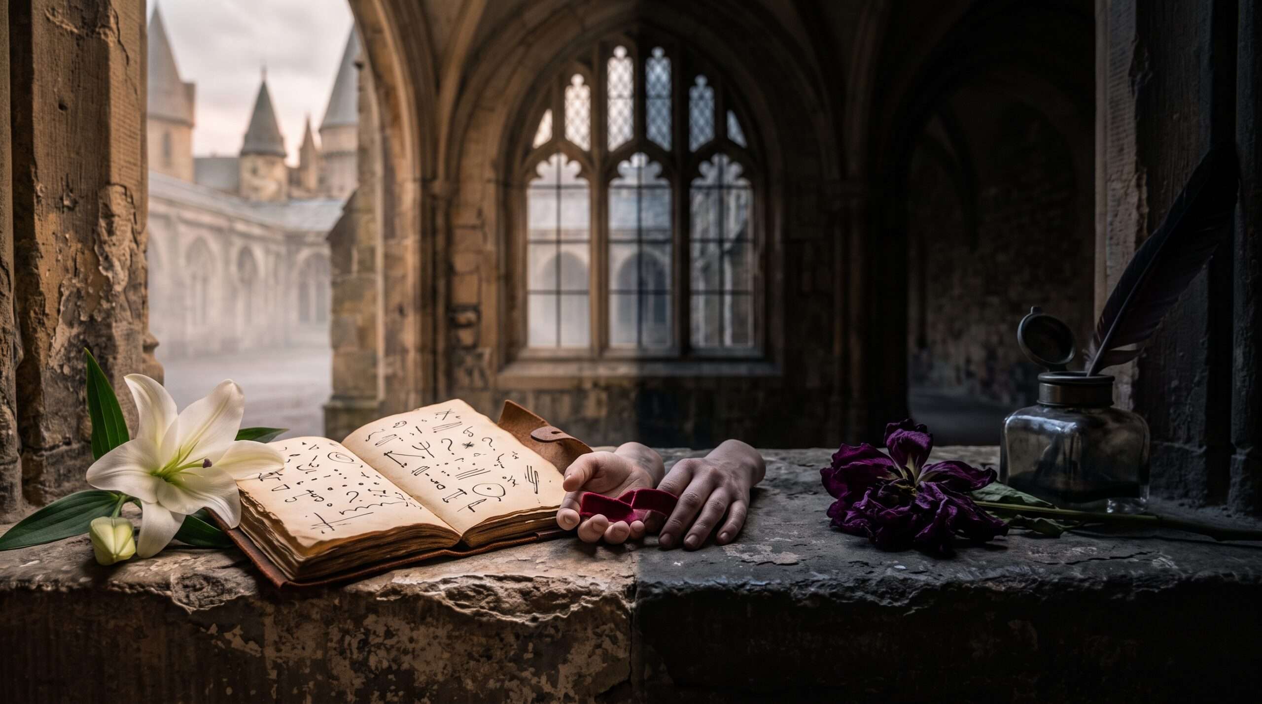 A symbolic view of a fresh lily and a crushed dark flower on a stone divide at Hogwarts.