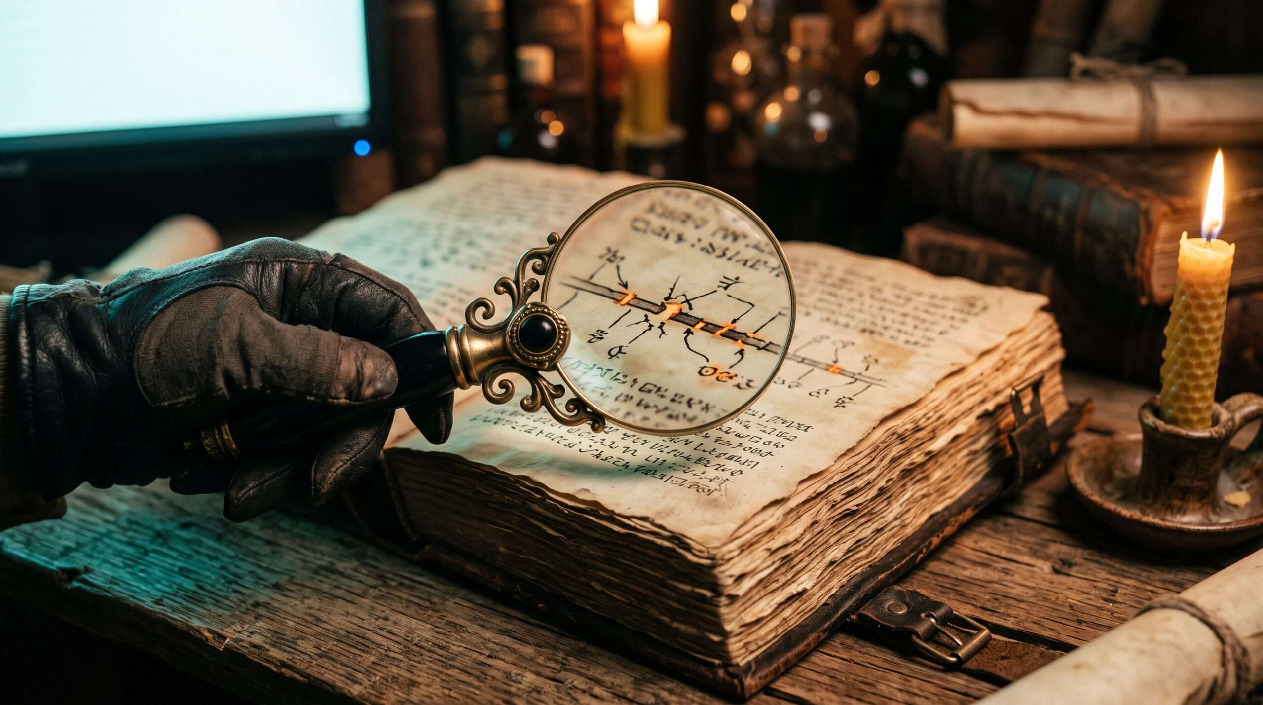 A close-up of a hand holding a stylized magnifying glass over an ancient leather-bound magic book, symbolizing fandom analysis.