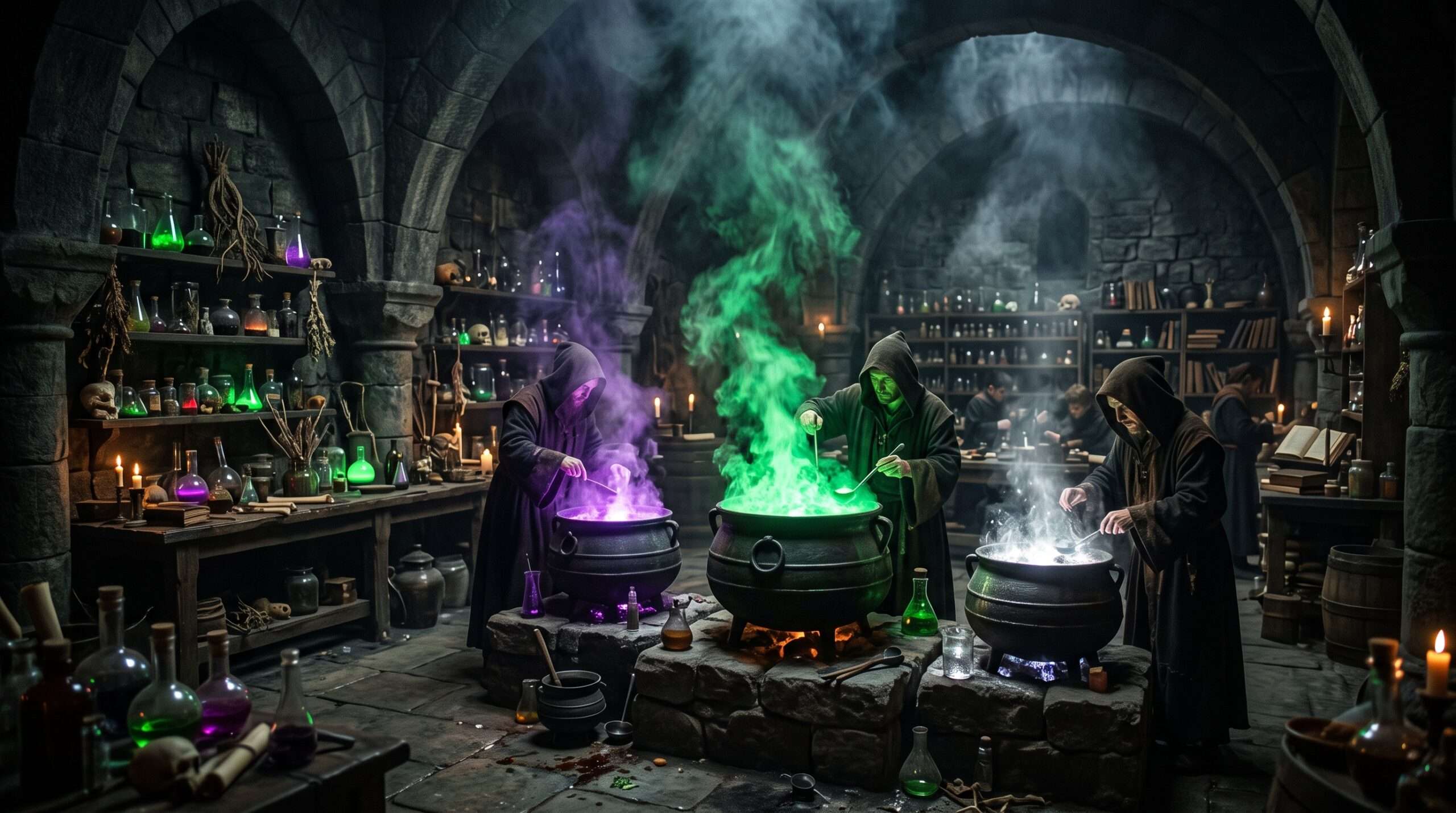 Advanced N.E.W.T. level Potions classroom in the Hogwarts dungeons with glowing cauldrons.
