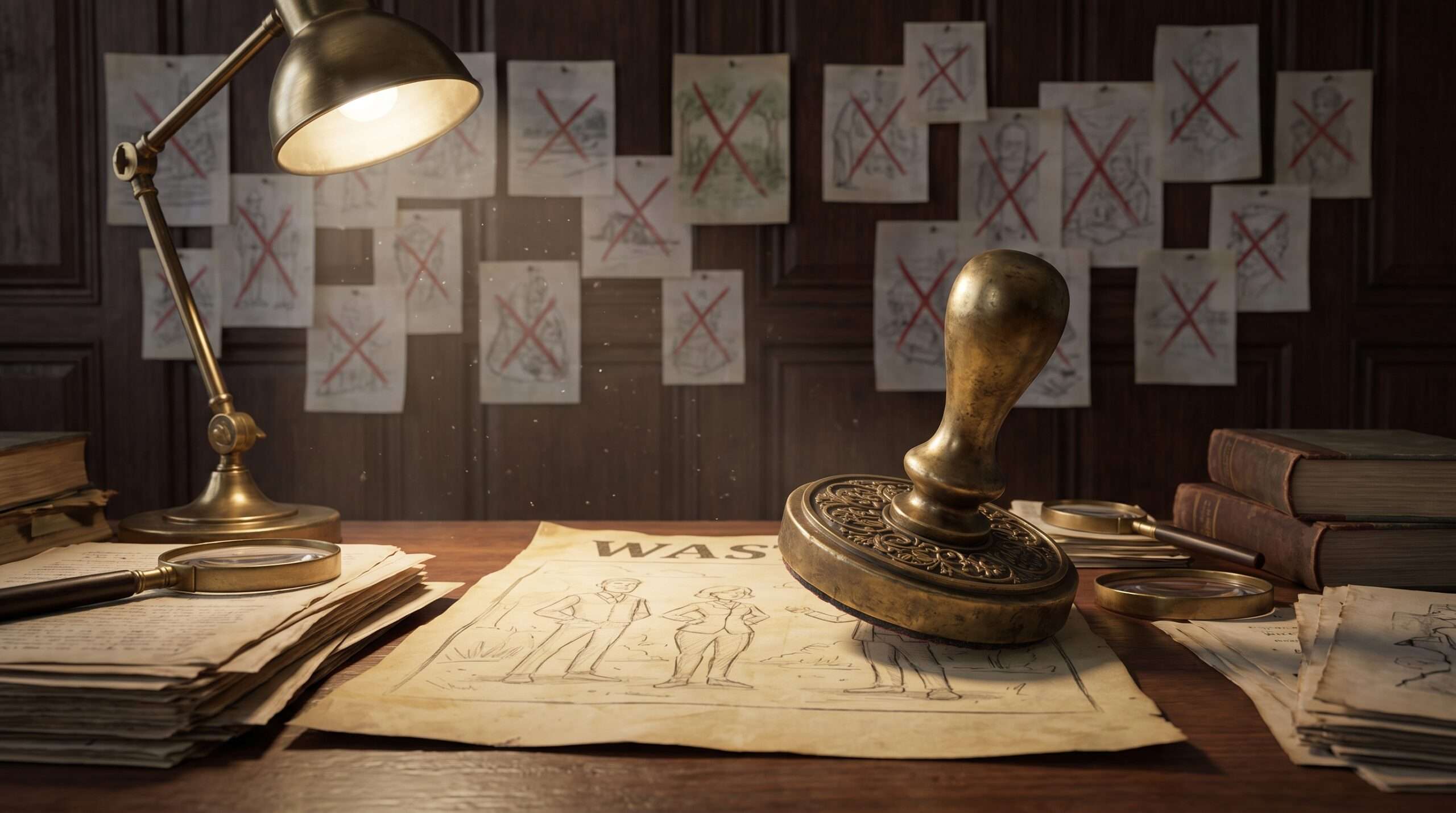 Close-up of a large 'RUMOR DENIED' style stamp coming down onto a faded poster featuring generic adult figures, surrounded by other concept posters with red X marks, representing the debunking of Cursed Child movie rumors.