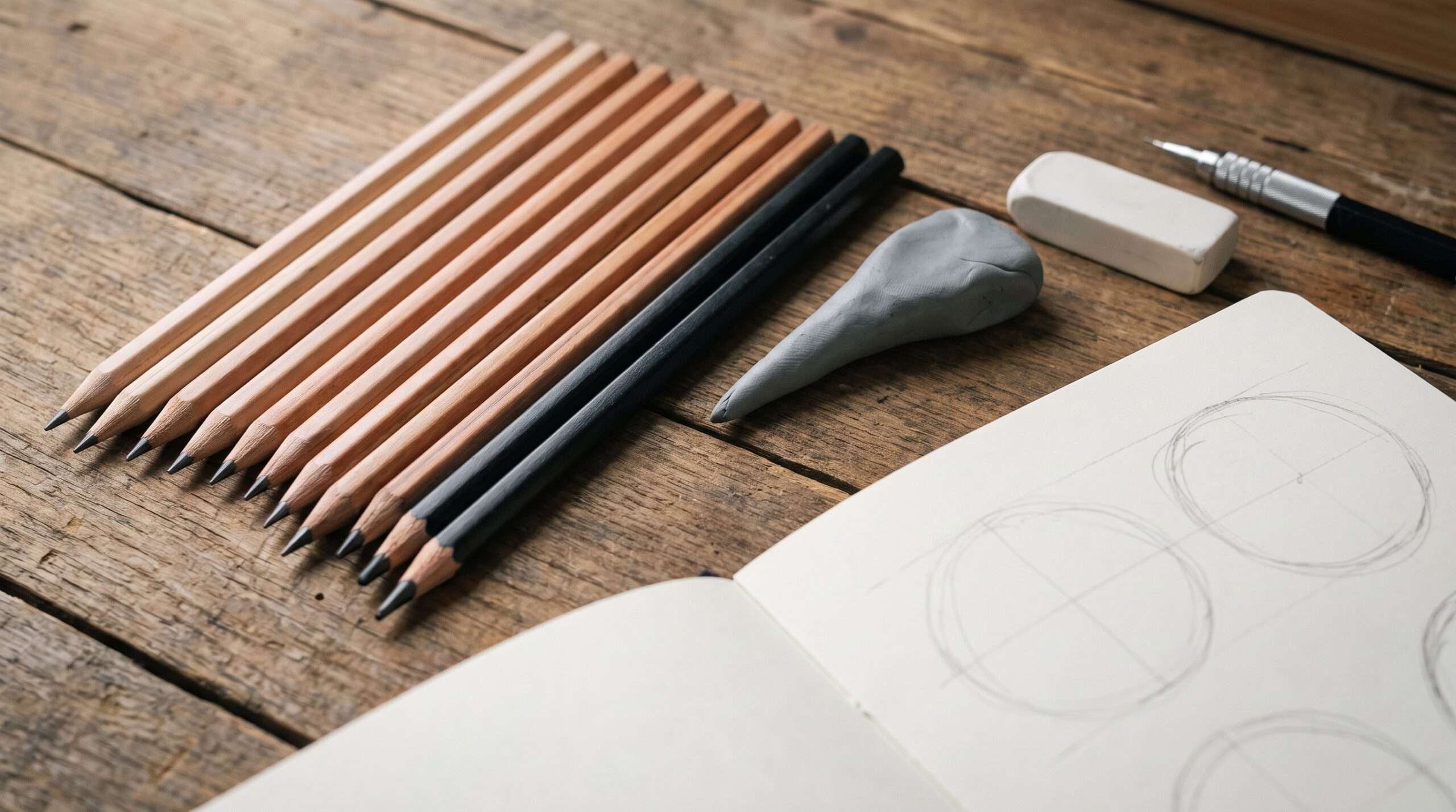 Flat lay photography of graphite drawing pencils, a kneaded eraser, and an open sketchbook on a wooden desk.