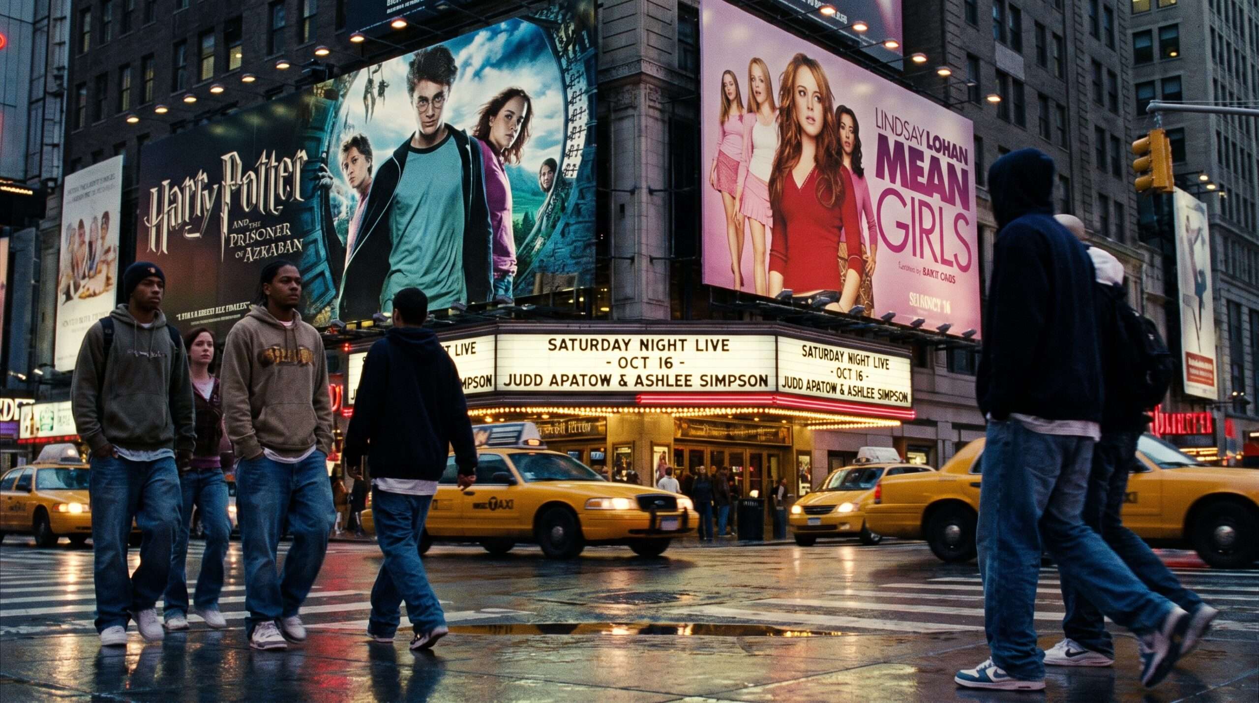 A 2004 NYC street scene showing simultaneous advertisements for the movie Prisoner of Azkaban and Lindsay Lohan's Mean Girls, emphasizing the cultural crossover.