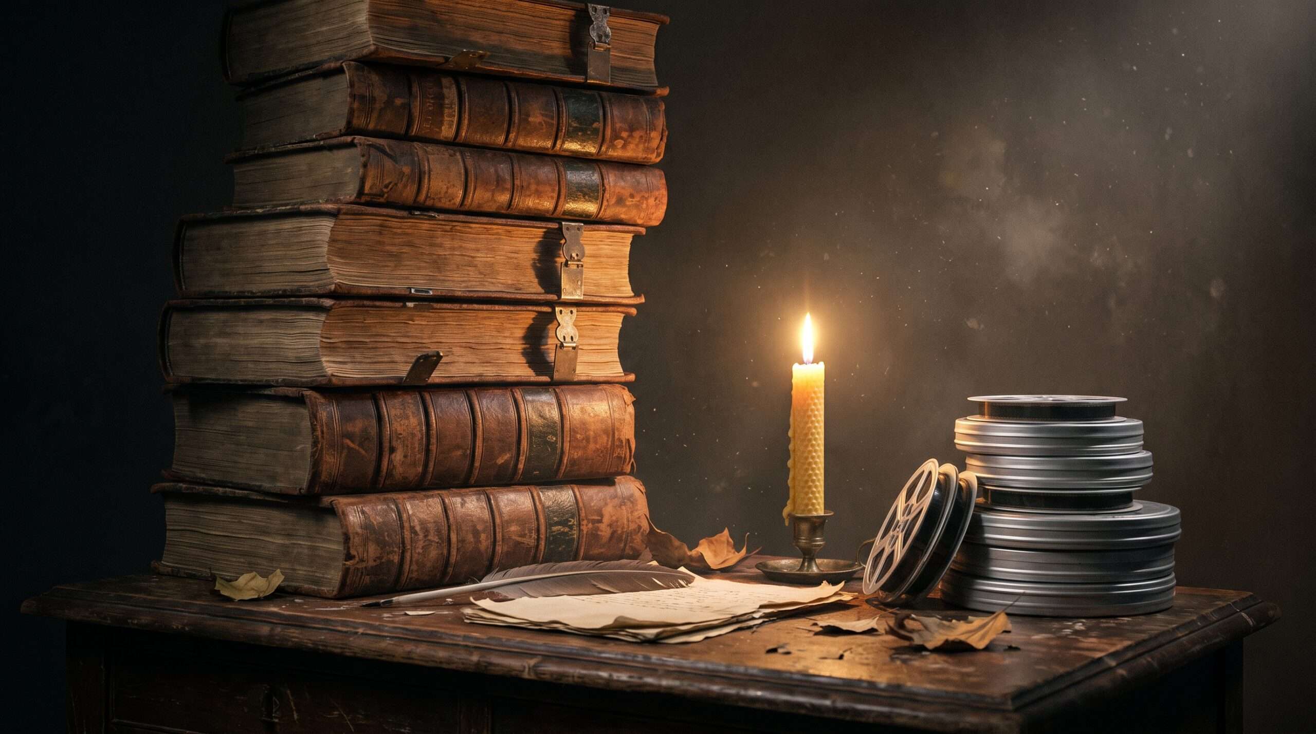 A towering stack of thick leather books placed next to a short stack of film reels on a wooden desk.