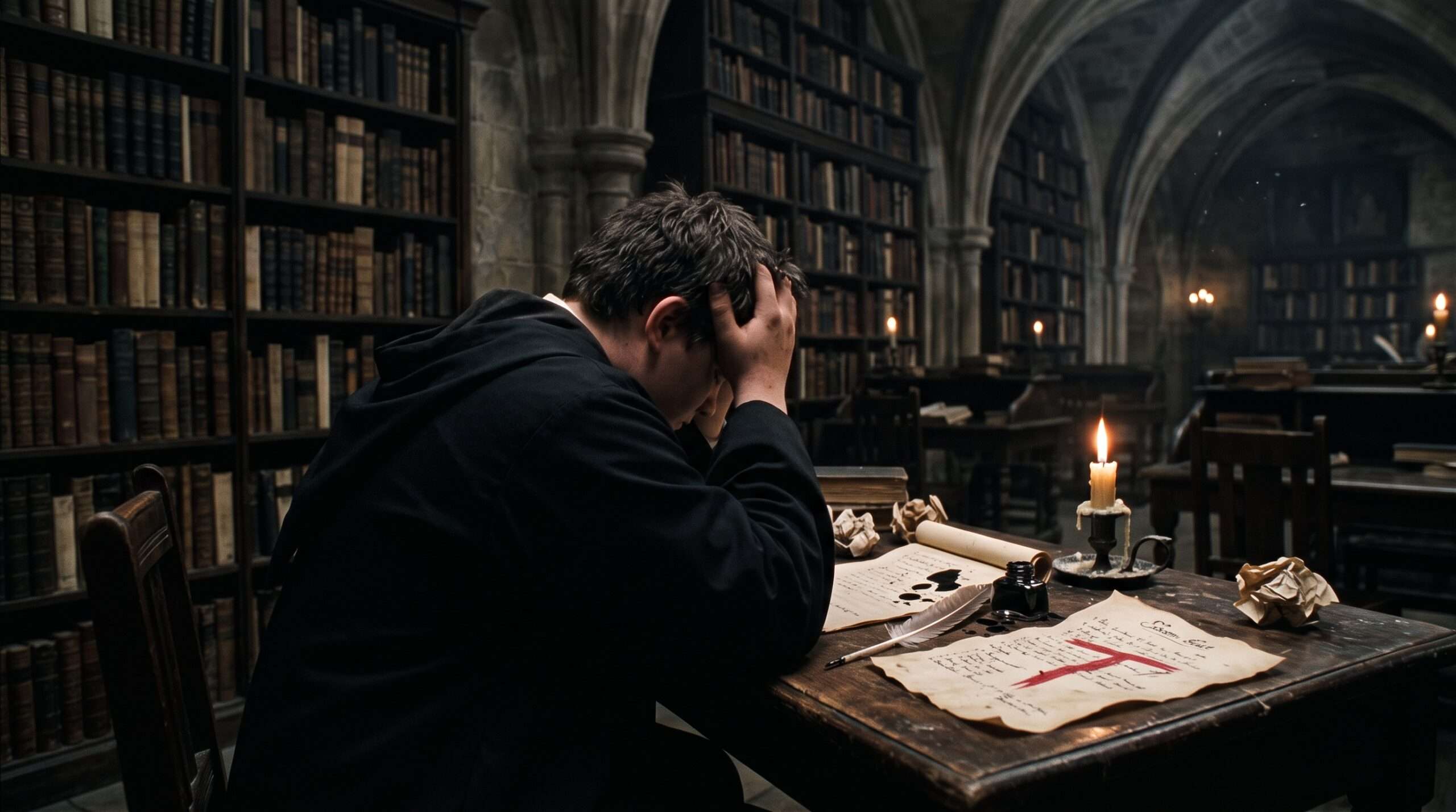A dejected Hogwarts student, resembling Marcus Flint, sitting alone at a library desk littered with failed exam papers and sputtered candles.