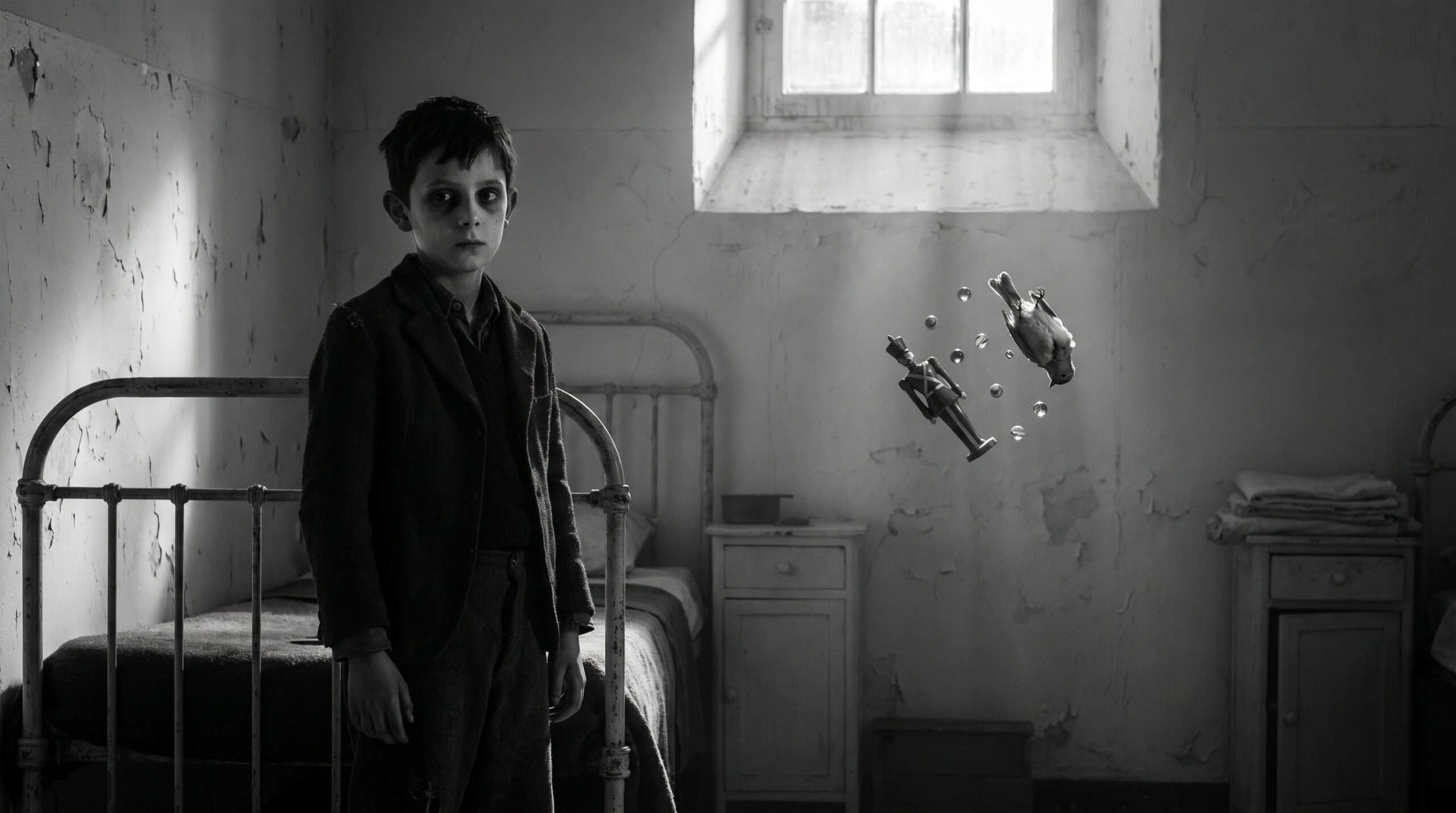 A young Tom Riddle in a stark orphanage bedroom using powerful wandless magic to control floating toys.