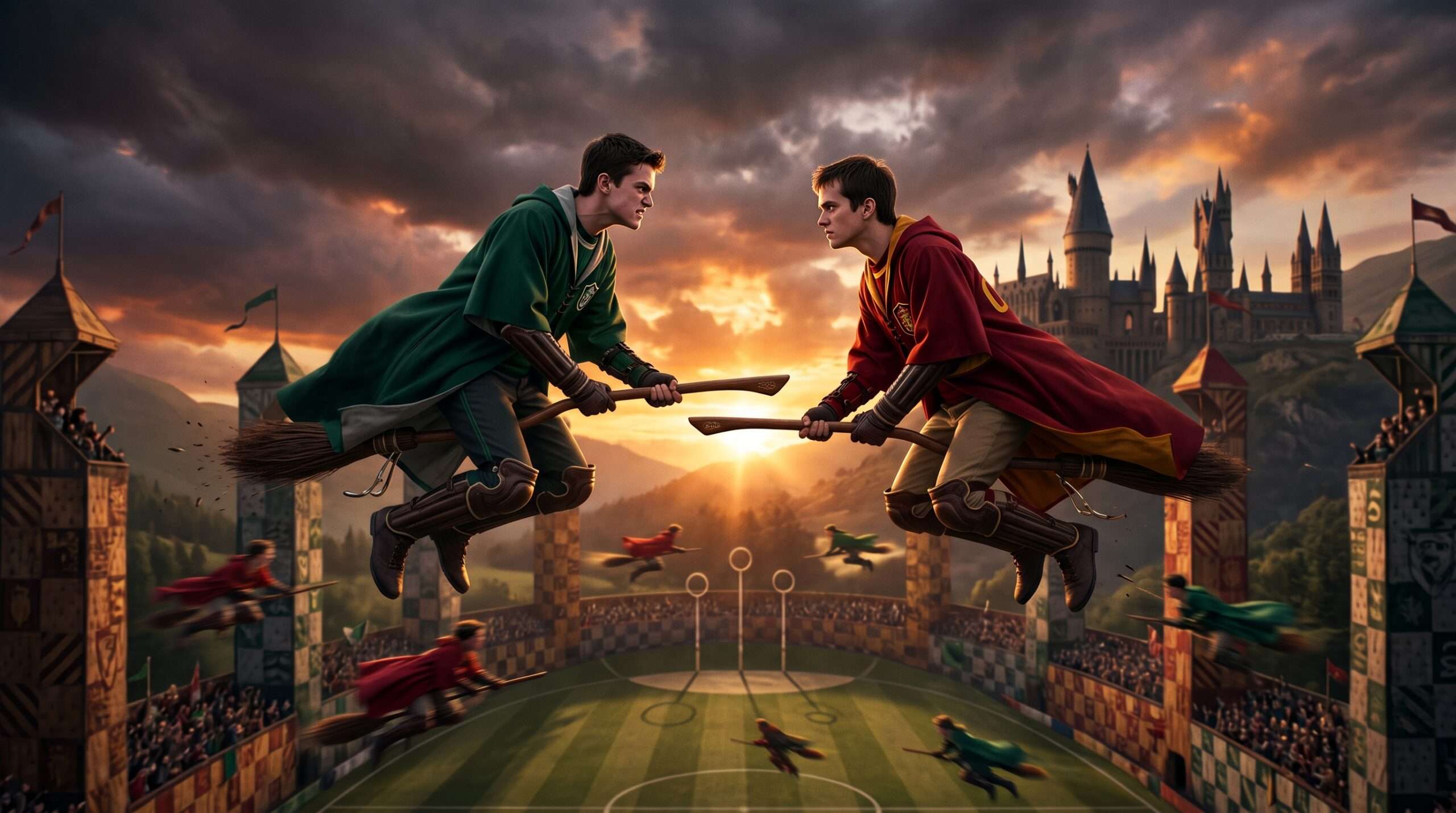 Marcus Flint in green robes and Oliver Wood in red robes having a tense confrontation while hovering on their broomsticks.