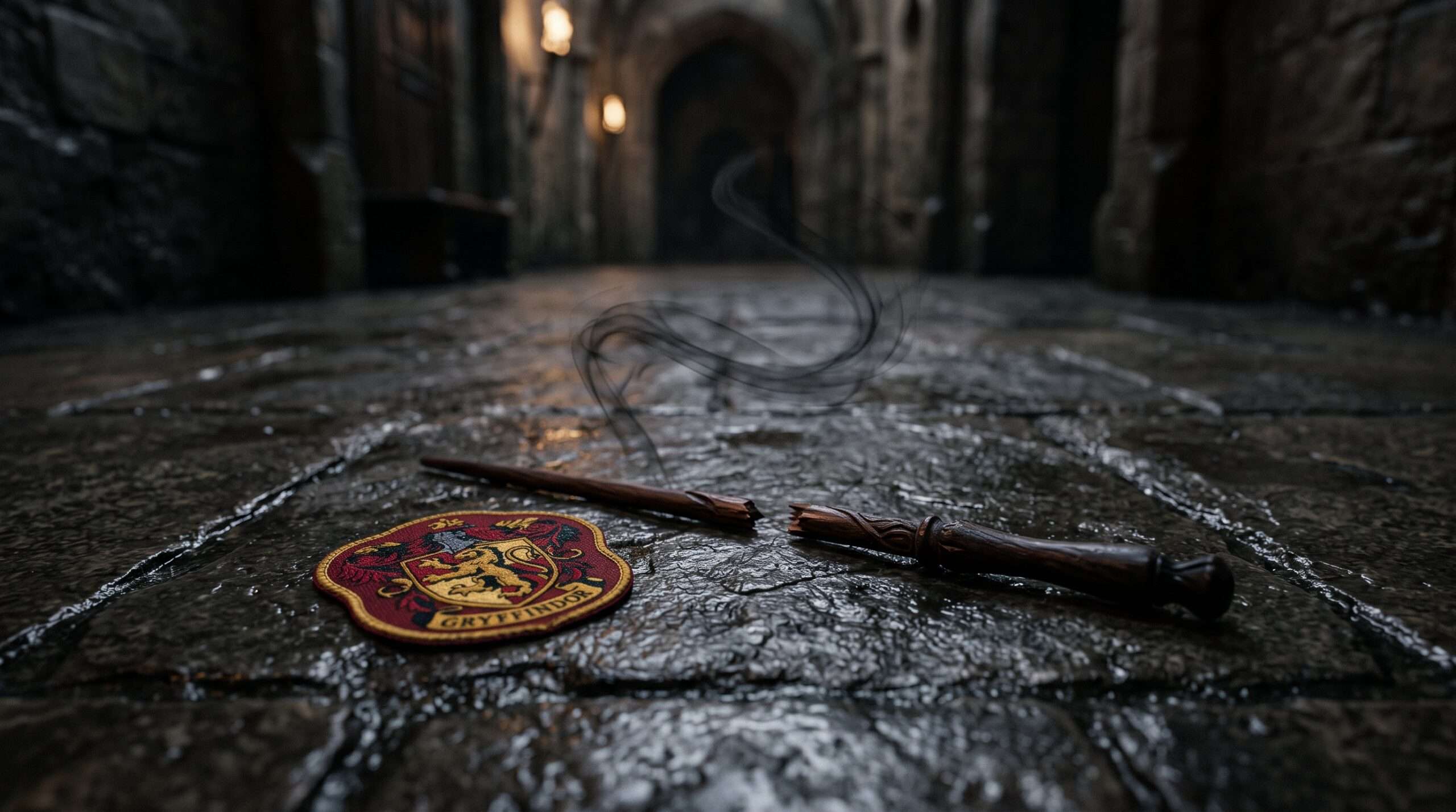 Symbolic representation of the Mary Macdonald incident: a broken Gryffindor wand on a stone floor.
