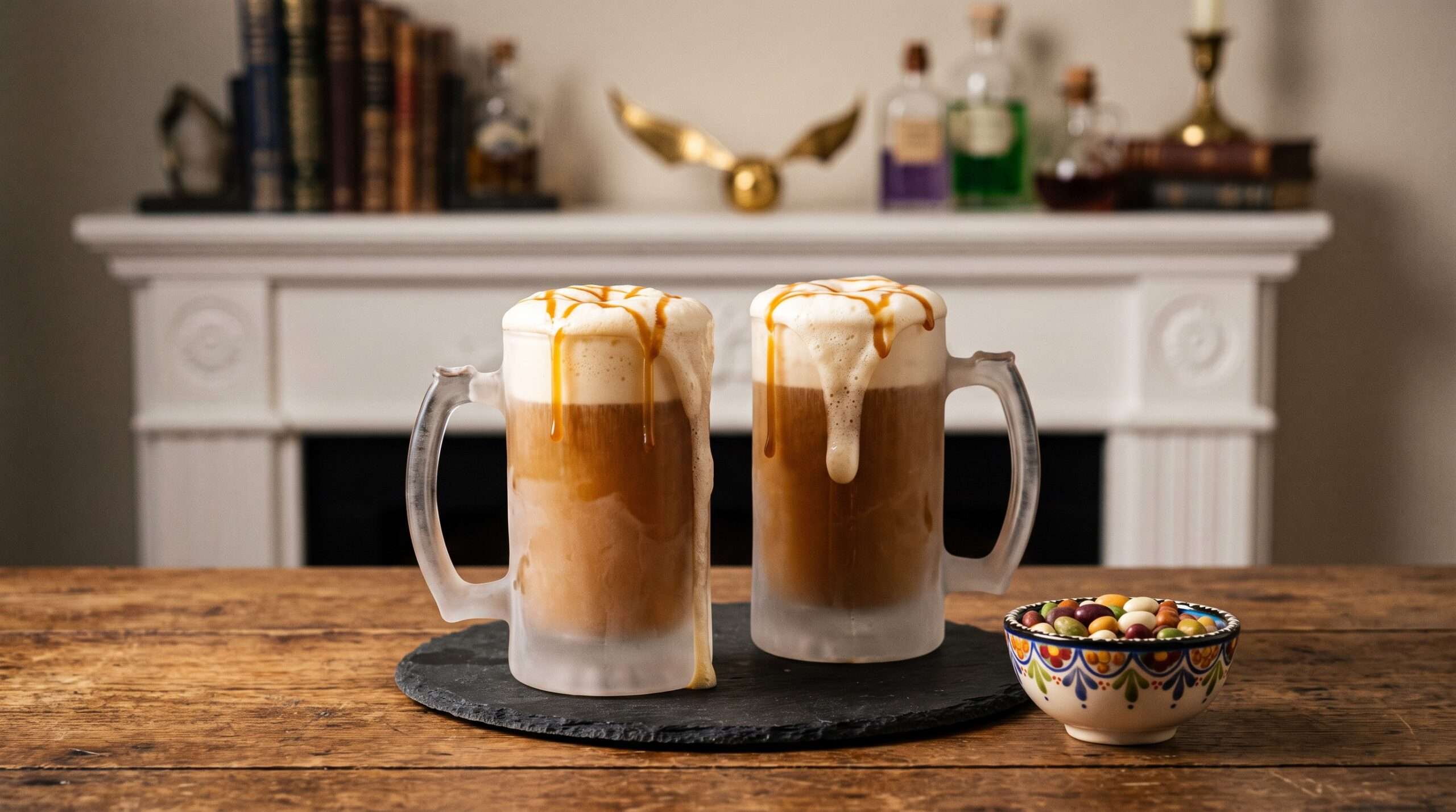 Glass tankards of homemade Butterbeer with foam topping and a bowl of jelly beans serve as themed snacks for a movie marathon survival guide.