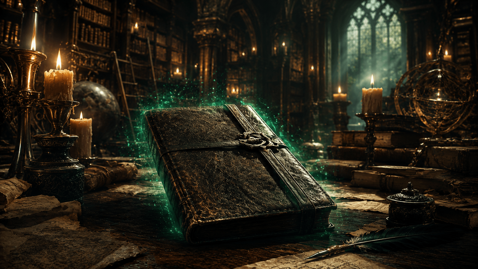 Ancient enchanted diary glowing with mysterious magic inside a fantasy library.