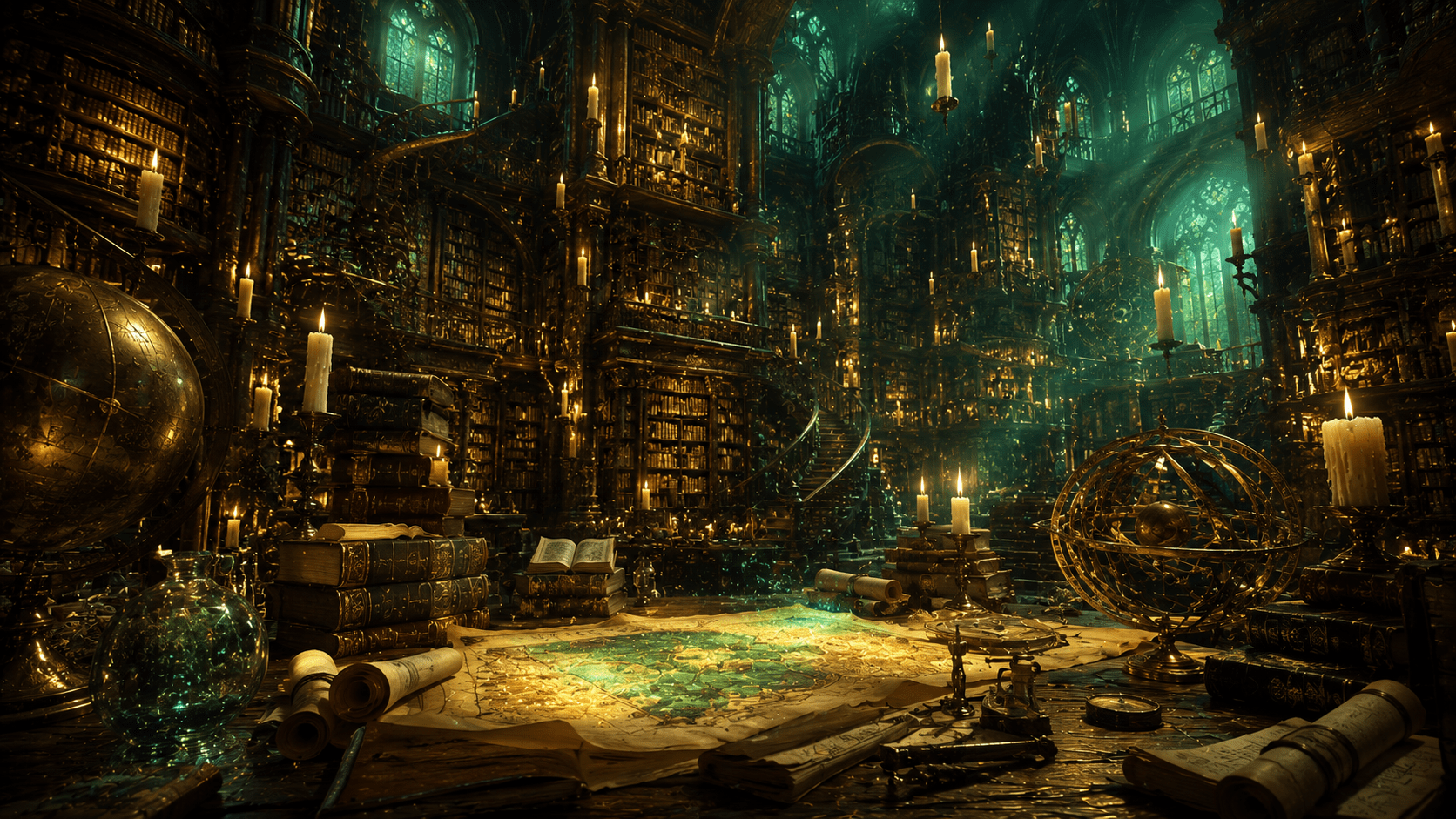 Ancient magical library filled with books and mysterious clues in a fantasy castle.