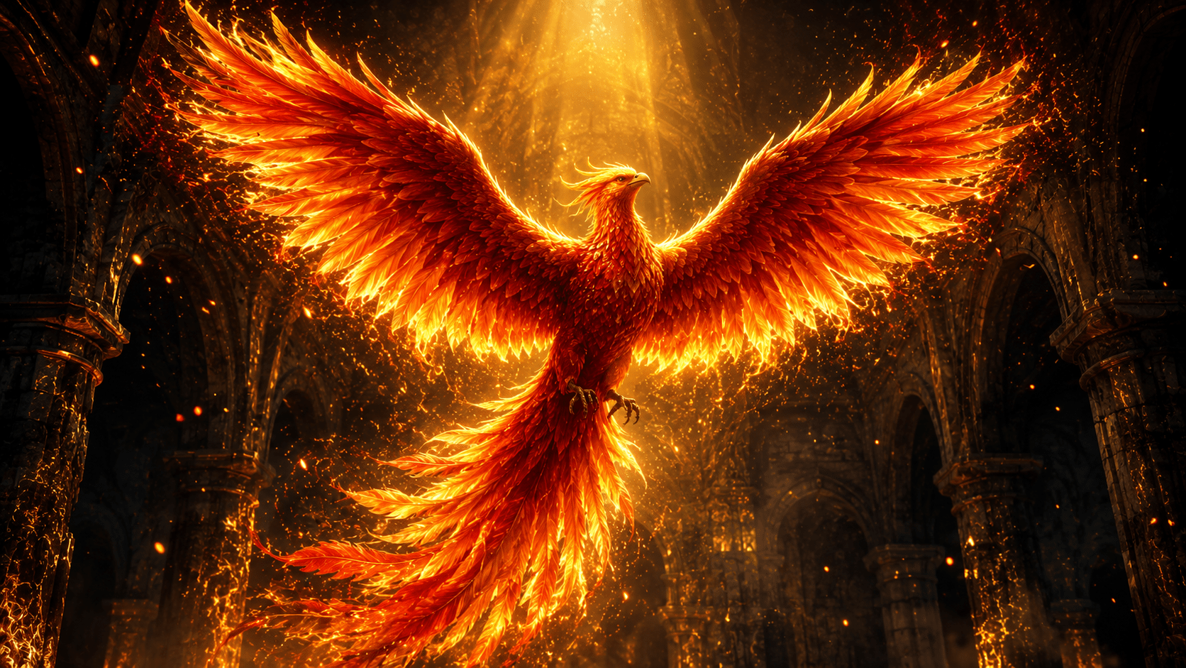Mythical phoenix symbolizing hope, courage, and resilience in a magical fantasy setting.