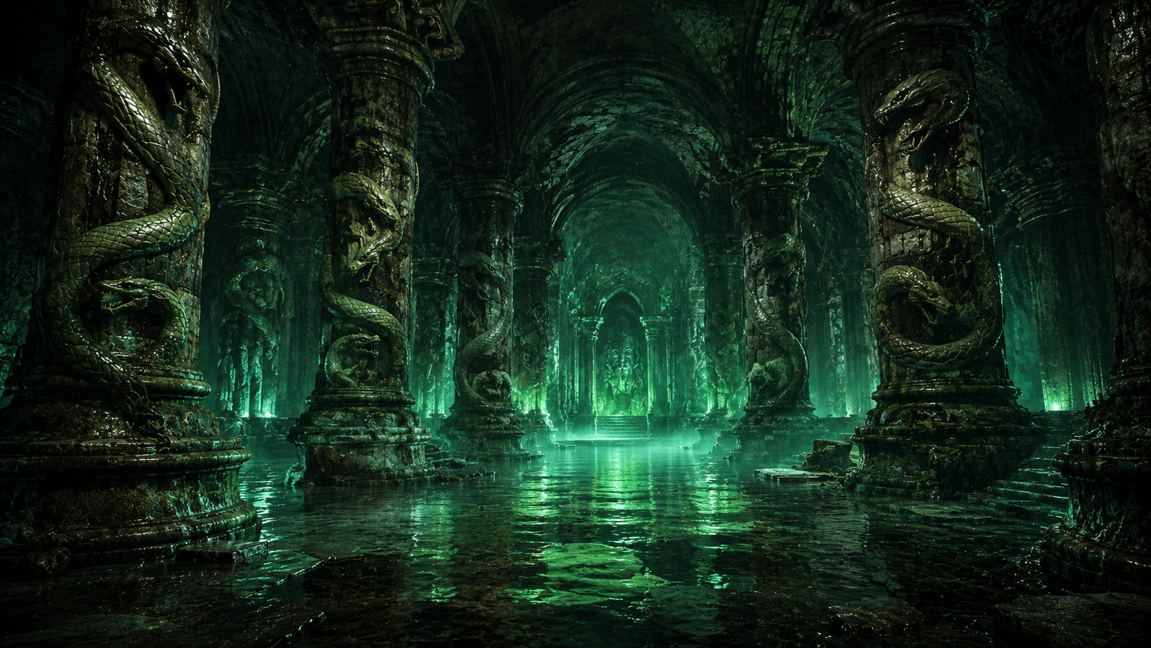 Ancient underground chamber with towering stone pillars inspired by the Chamber of Secrets.