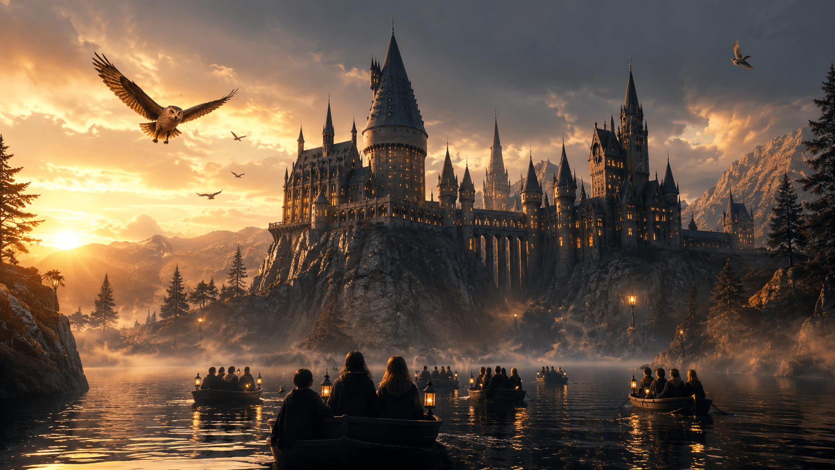 Hogwarts-inspired magical castle at sunrise introducing the world of Harry Potter and the Chamber of Secrets.