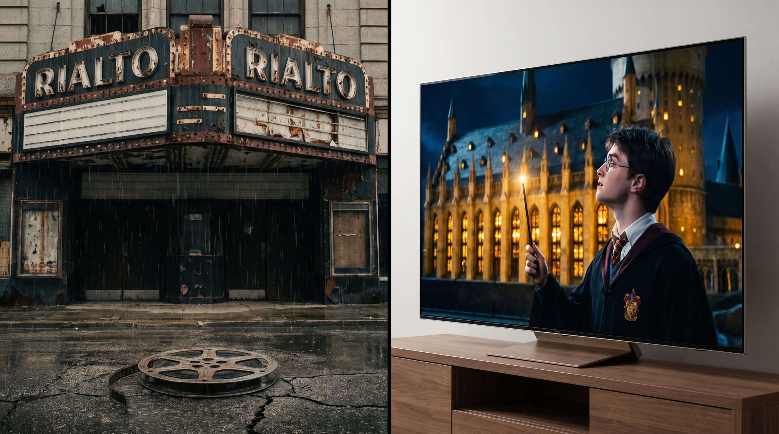 Split screen visualization of a closed movie theater marquee and a lit modern TV screen showing the Hogwarts Great Hall, symbolizing the shift to a television reboot.