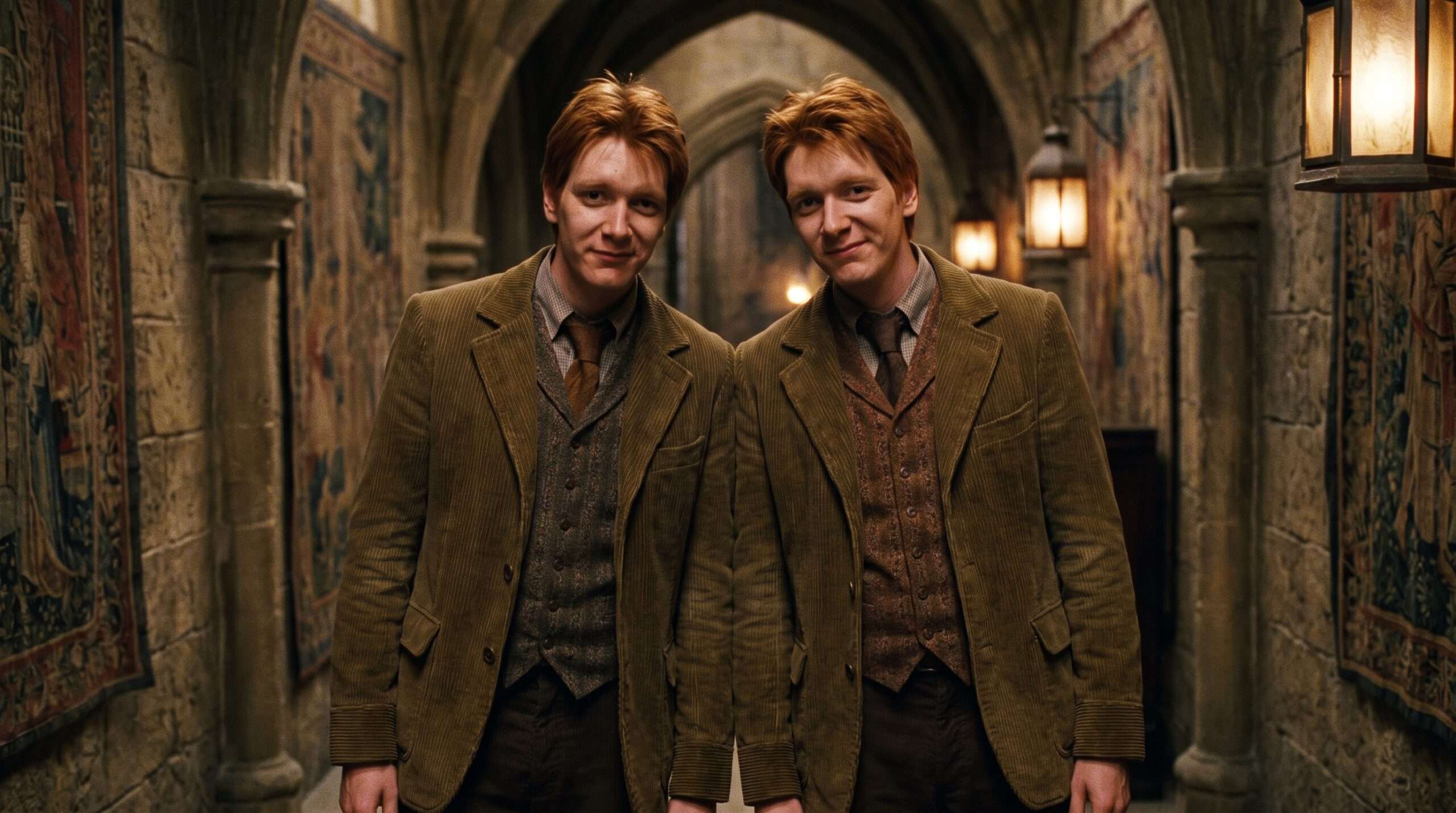 Fred and George Weasley standing together in a Hogwarts corridor.