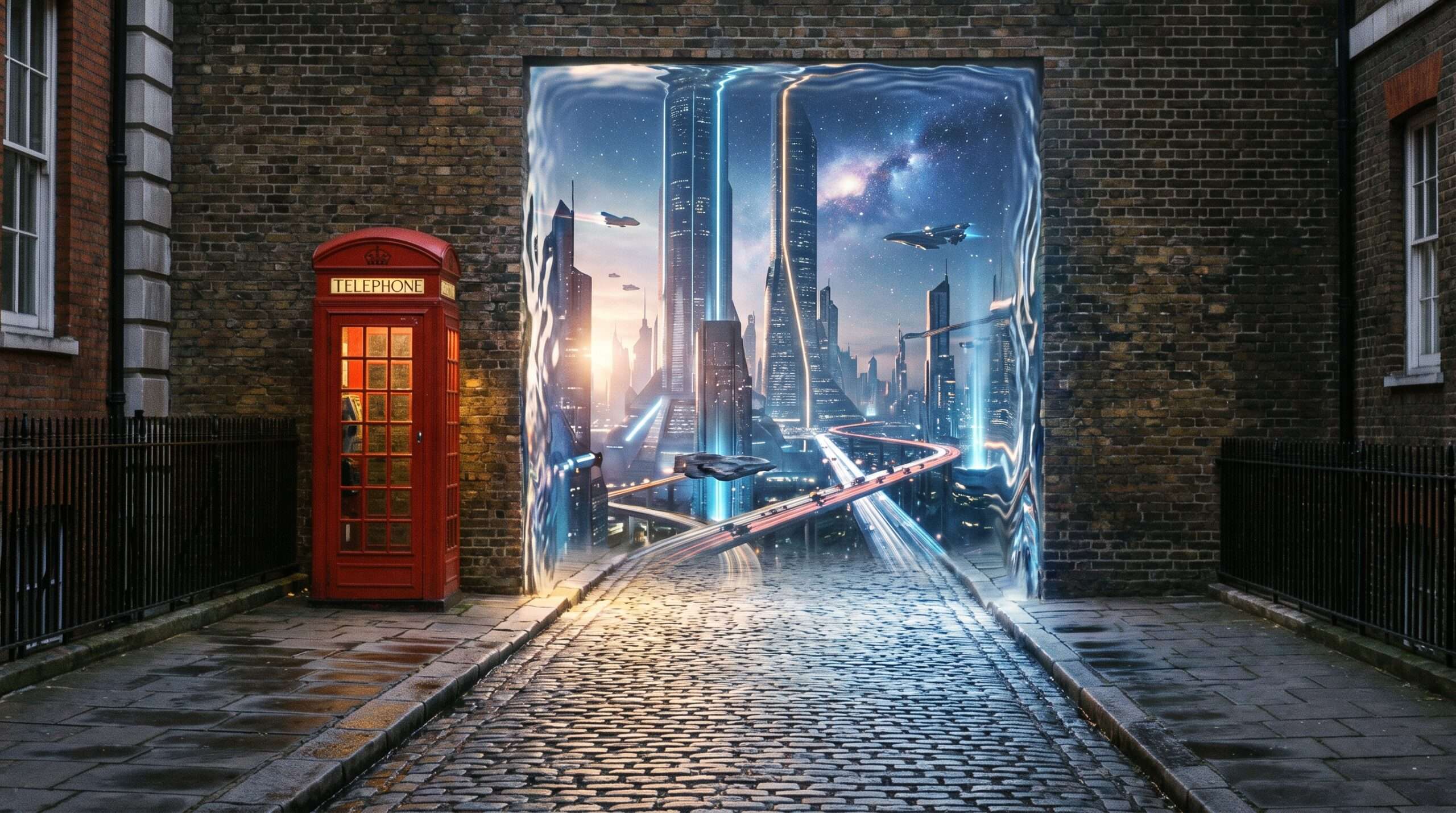 A conceptual image showing a magical gateway connecting a cobblestone London street to a sprawling futuristic Star Wars cityscape.