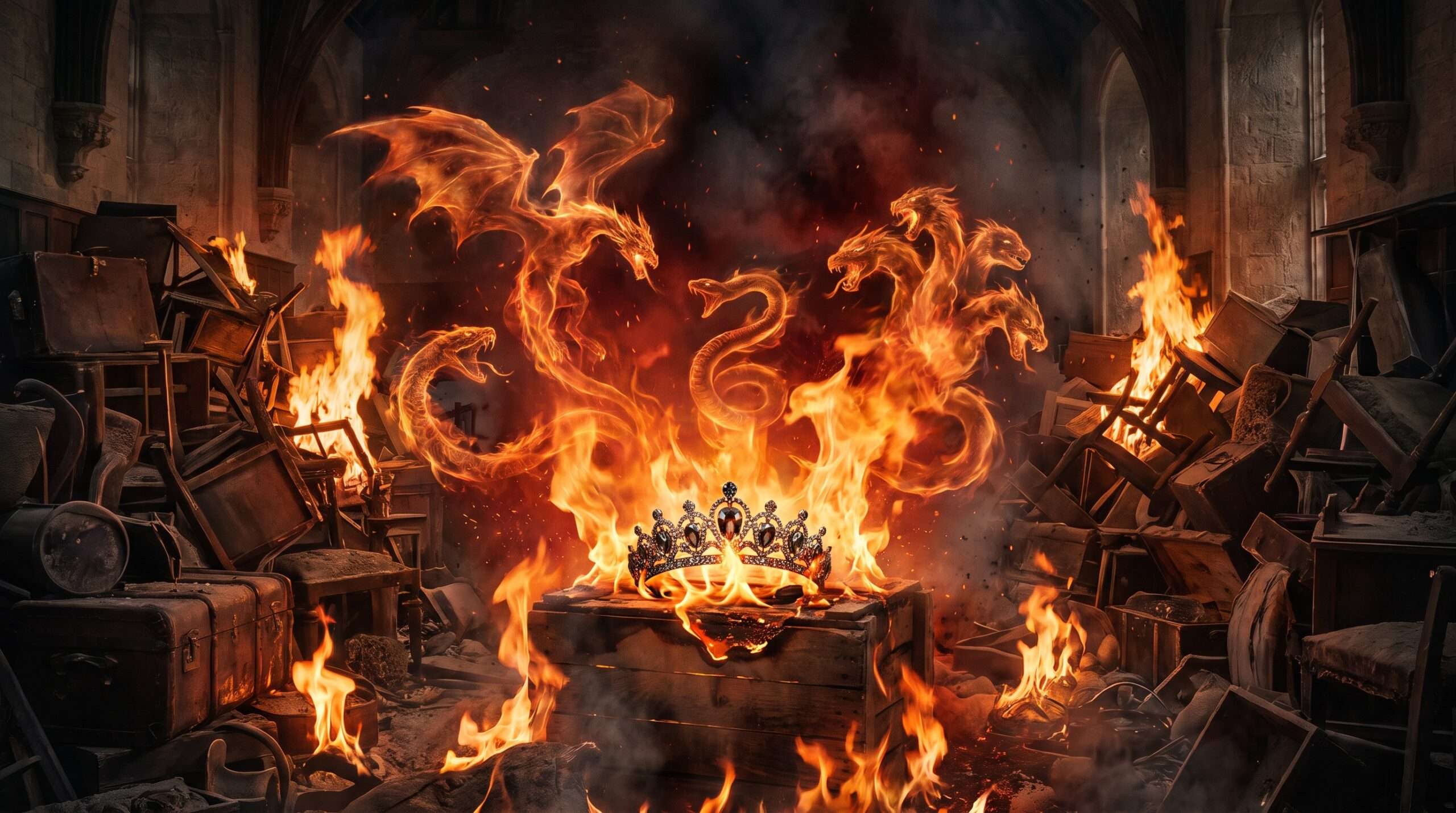 Illustration of cursed Fiendfyre forming monstrous beasts and destroying Rowena Ravenclaw's Diadem in the Room of Requirement.