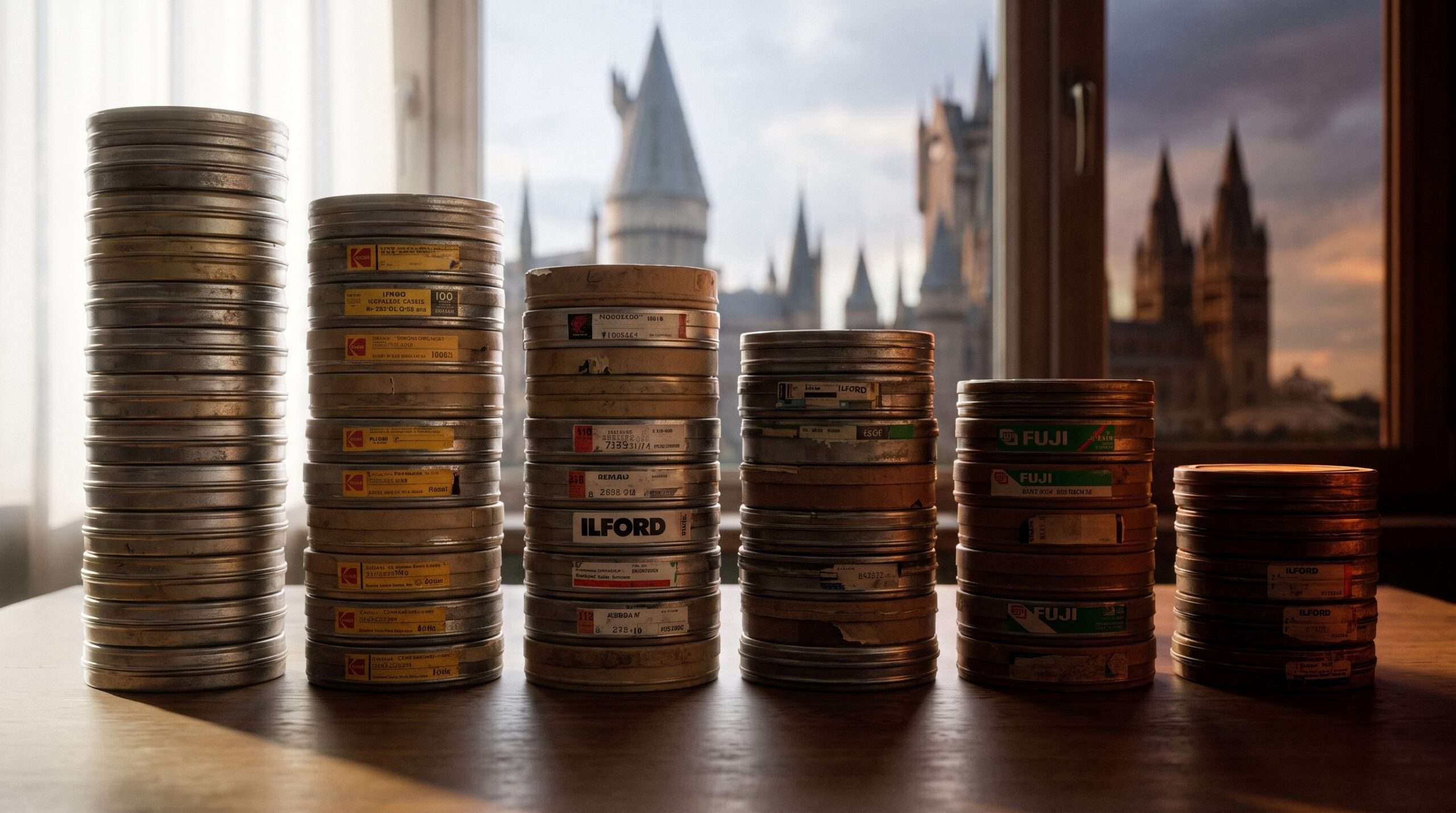 A visual representation of the eight Harry Potter movie runtimes shown as differing stacks of vintage film canisters transitioning from day to night lighting.