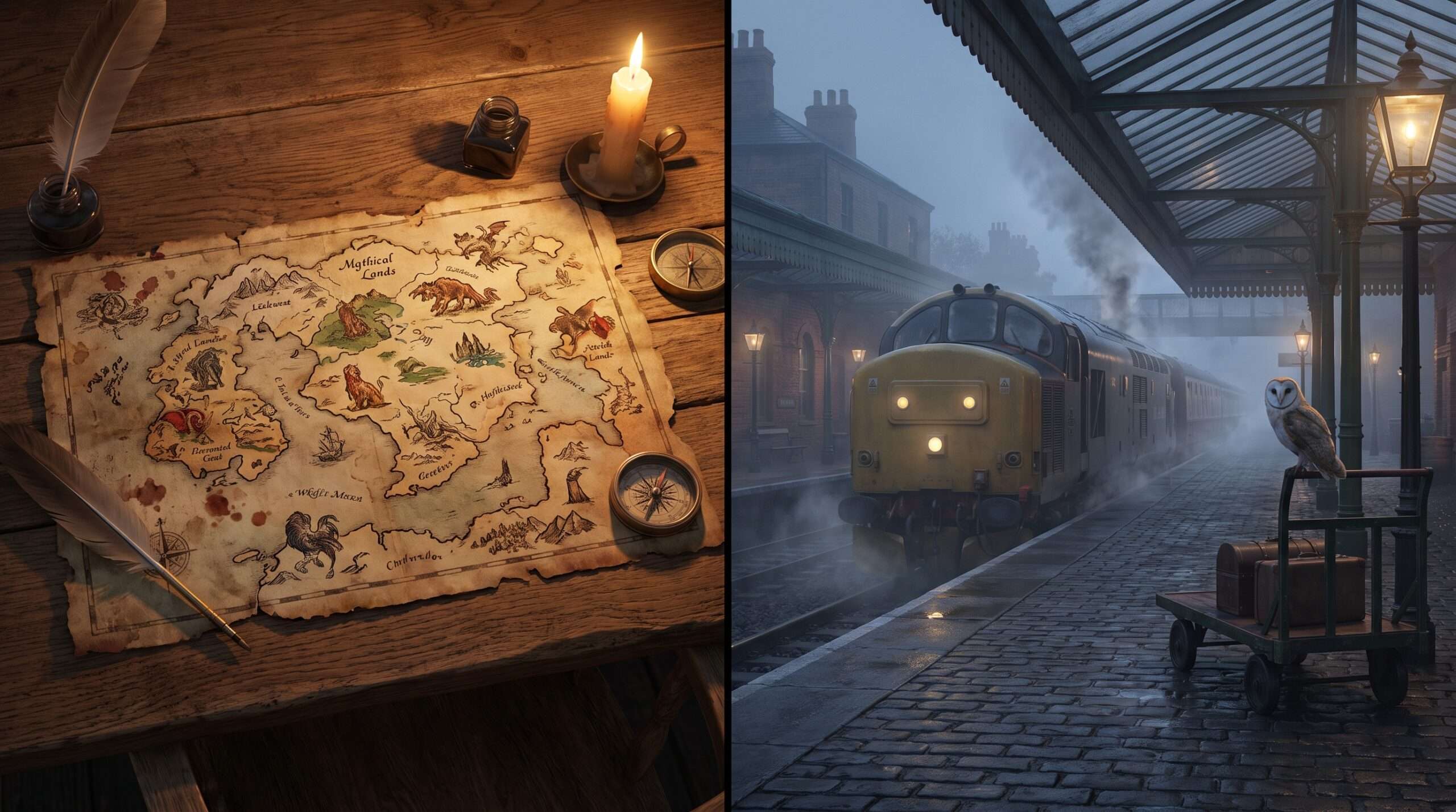 A side-by-side comparison of an ancient fantasy map and a modern British train station representing the origins of Lord of the Rings and Harry Potter.