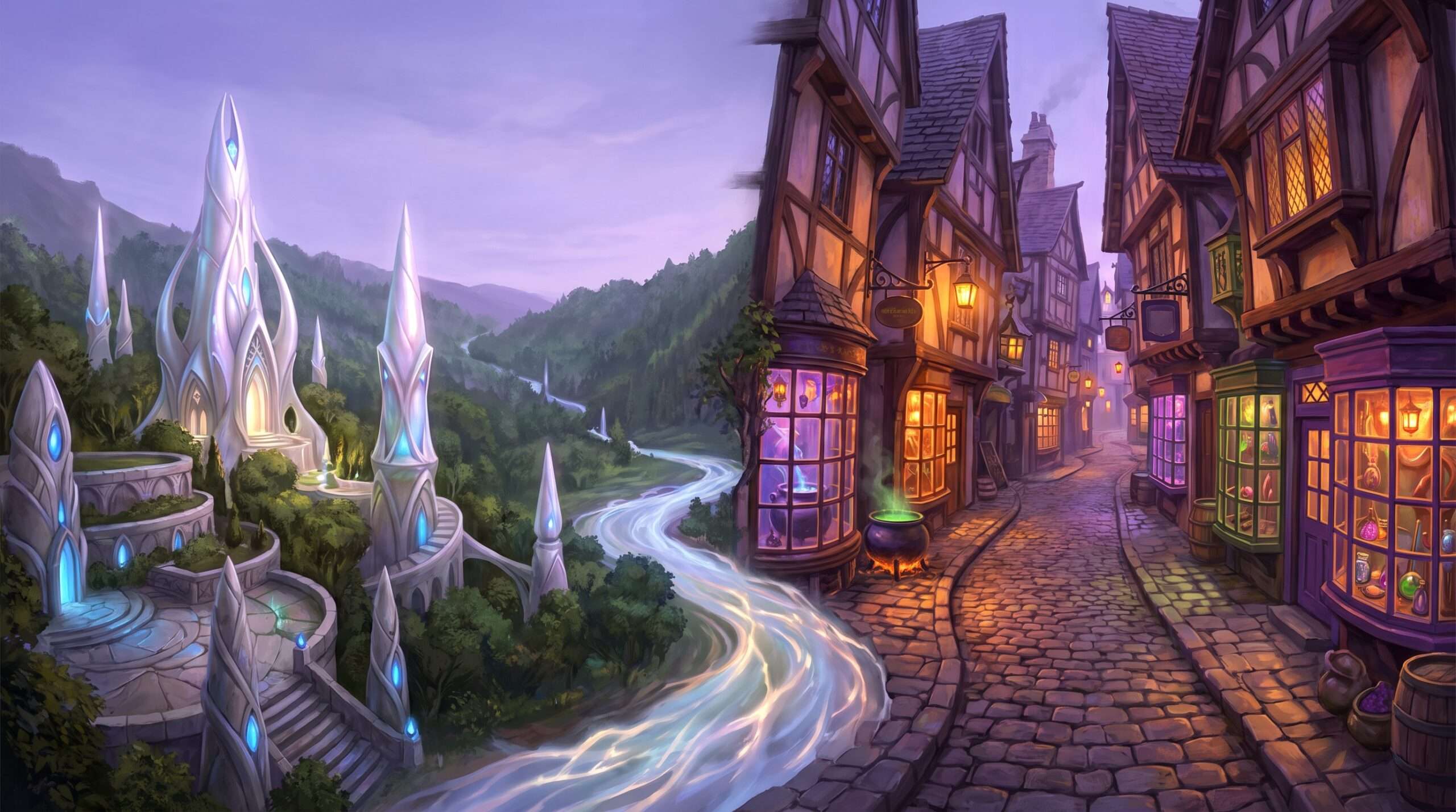 A sweeping visual comparison showing a grand elven valley merging with a hidden magical cobblestone alleyway.
