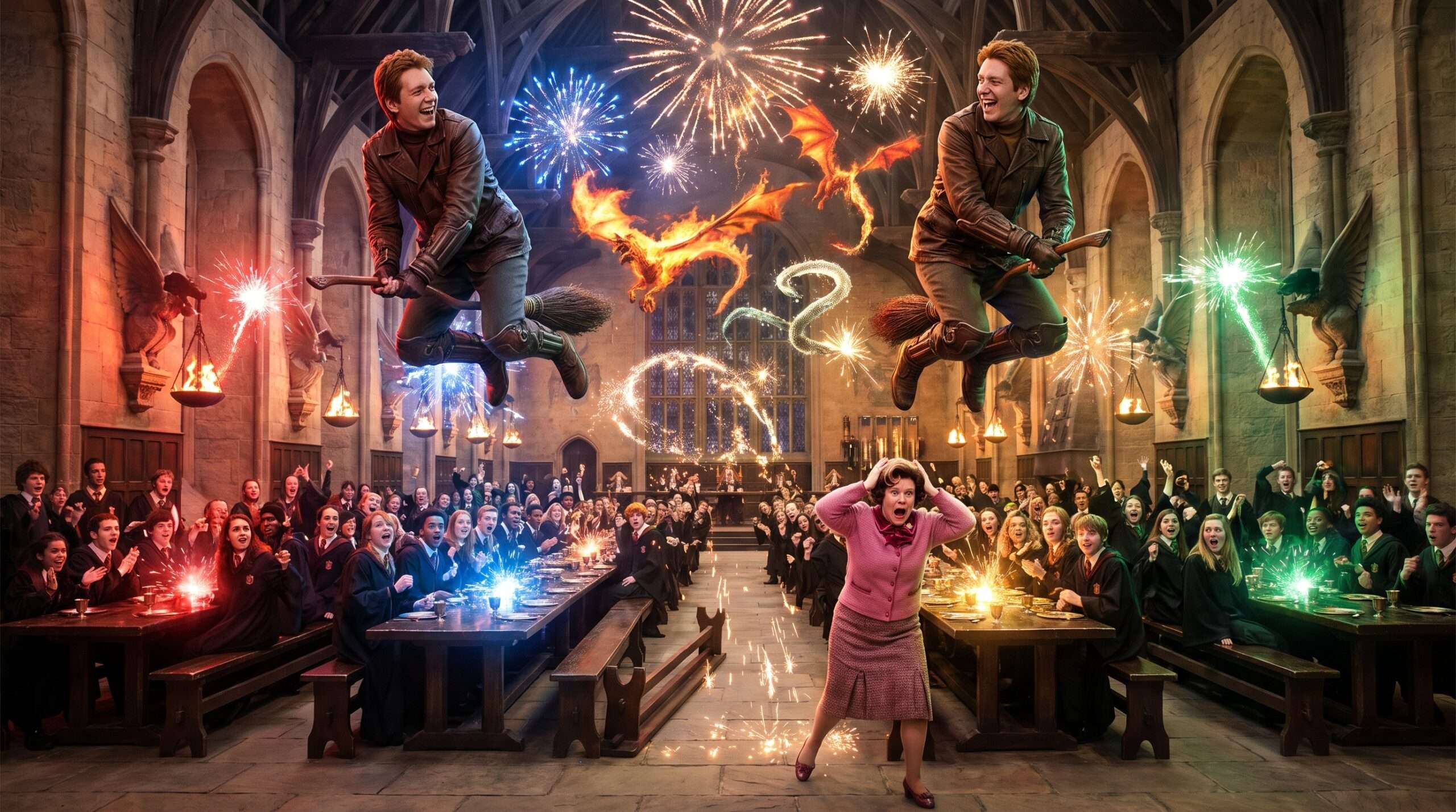 Fred and George Weasley escaping Hogwarts on brooms amidst magical fireworks.